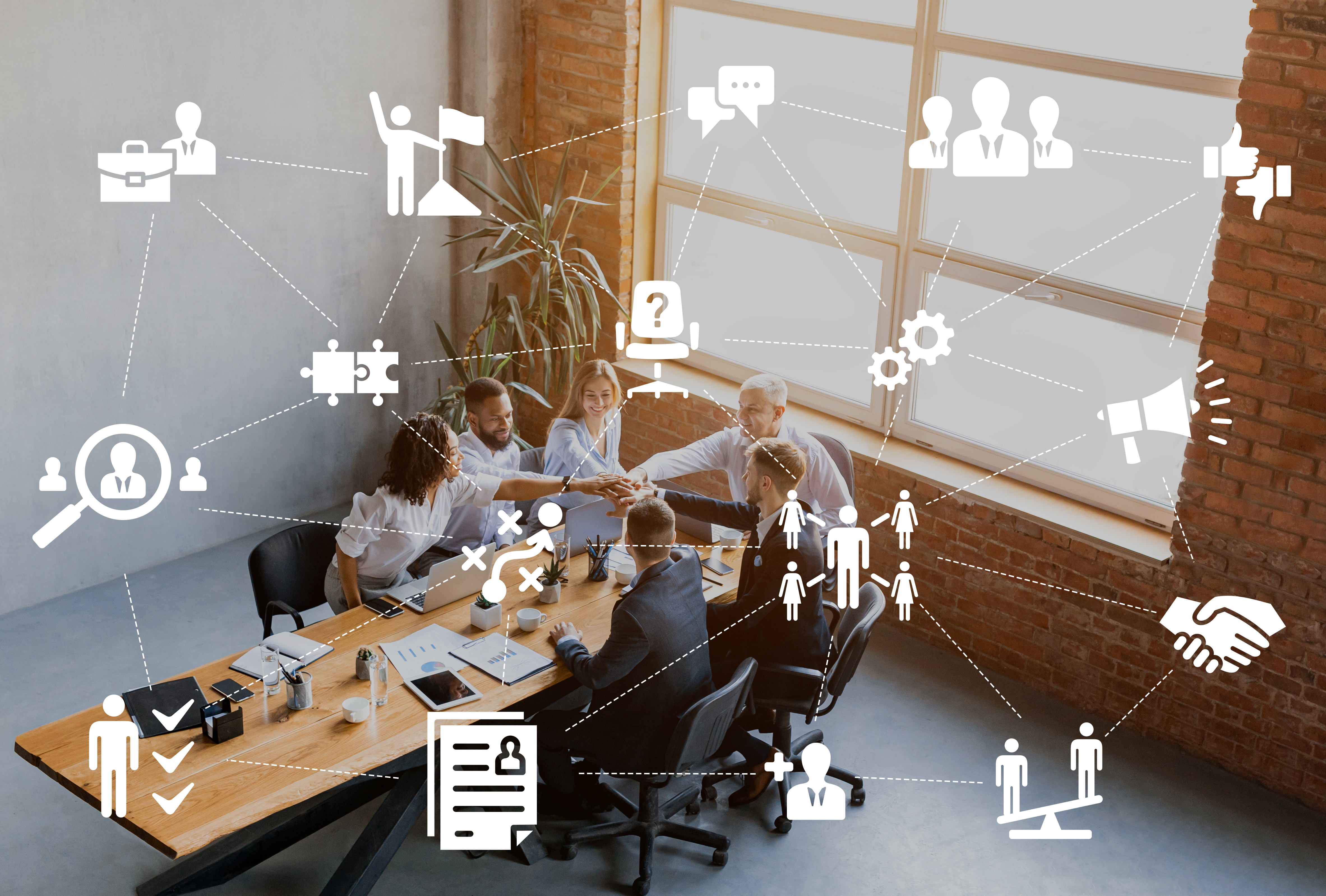 coworkers holding hands sitting in office collage 60bc38345afb0358defb