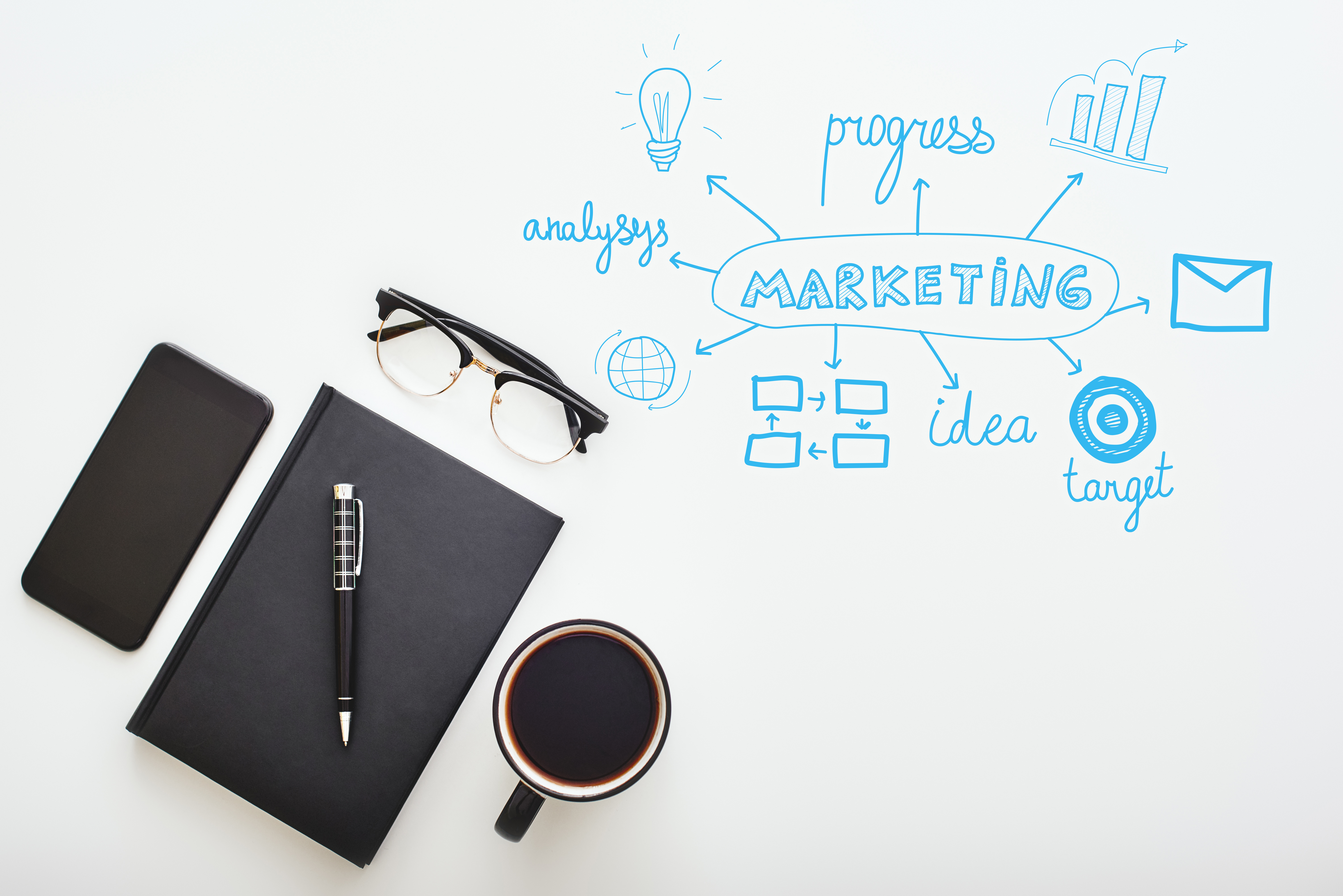 creating results top view office desk marketing 2ea56639d1fd8f71a410