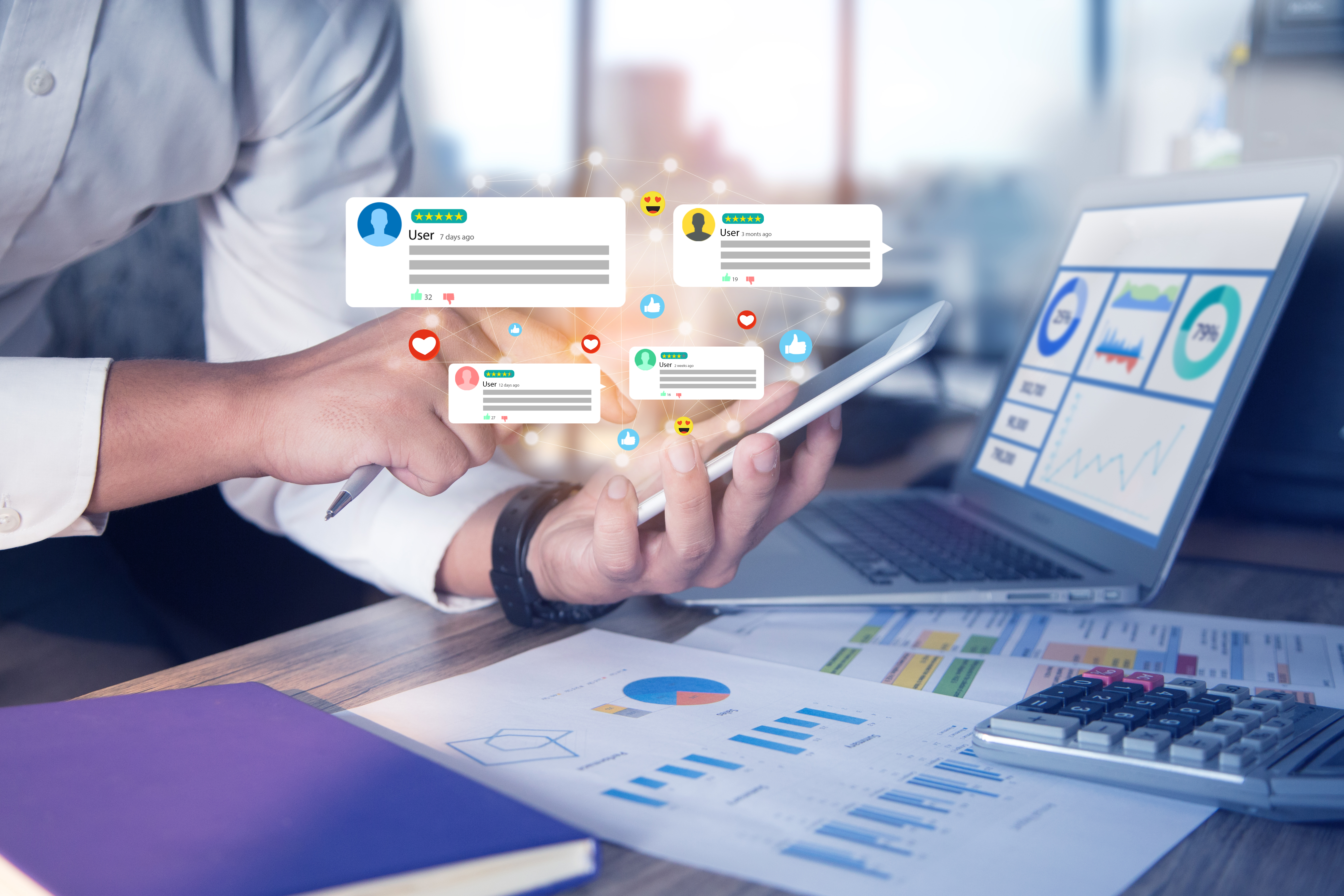 Person using smartphone to manage customer feedback with review notifications and analytics dashboard on laptop, emphasizing reputation management for business growth.