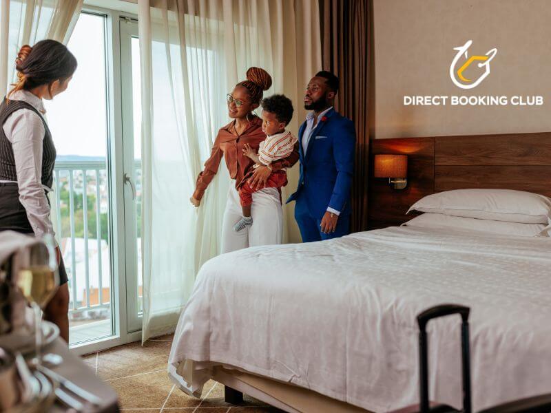 Family checking in at a hotel front desk with luggage during a Texas vacation.