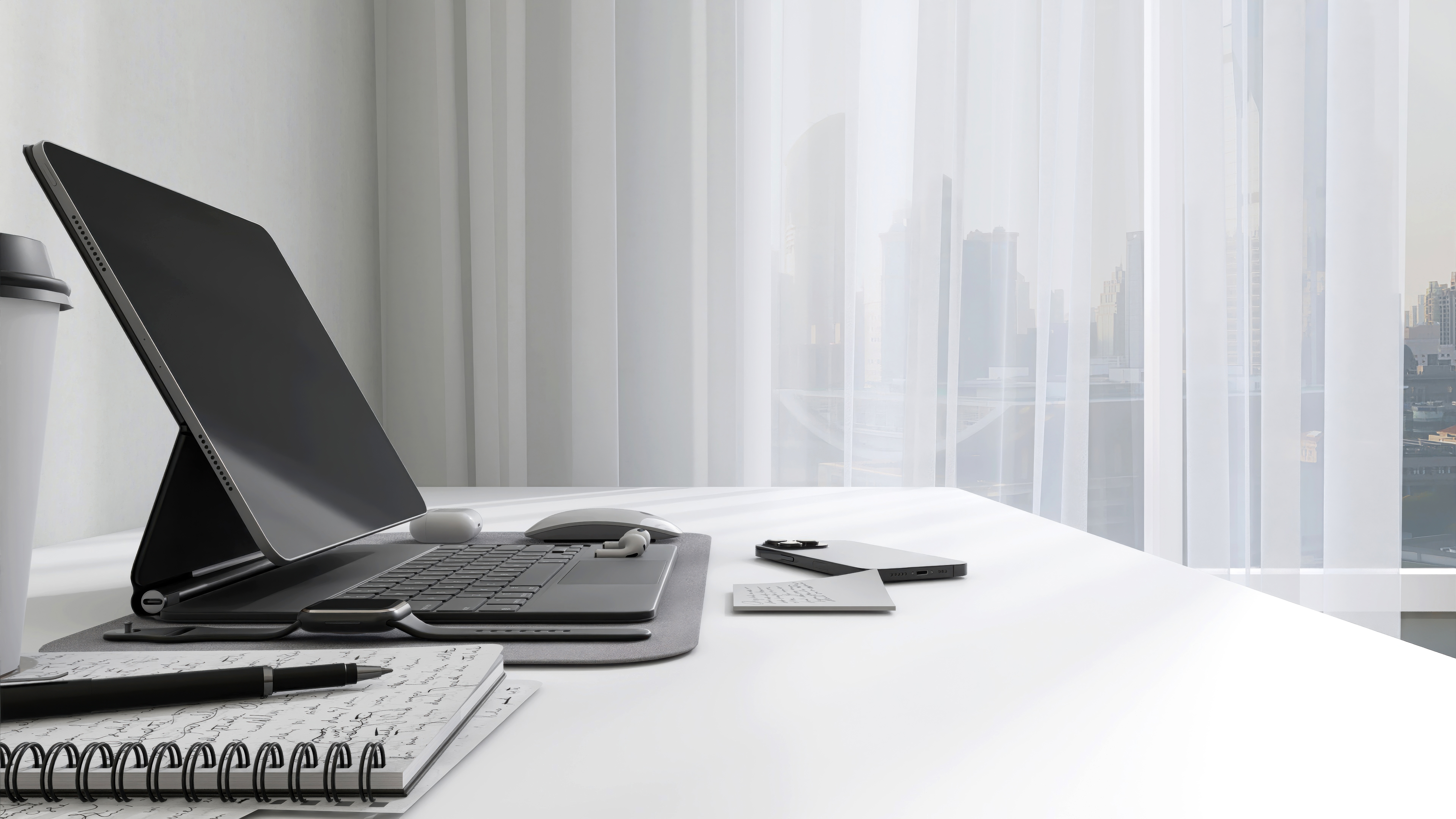 Desktop Of Modern White Desk With Tablet Computer Adba2A23304Bd2A5Ddfe