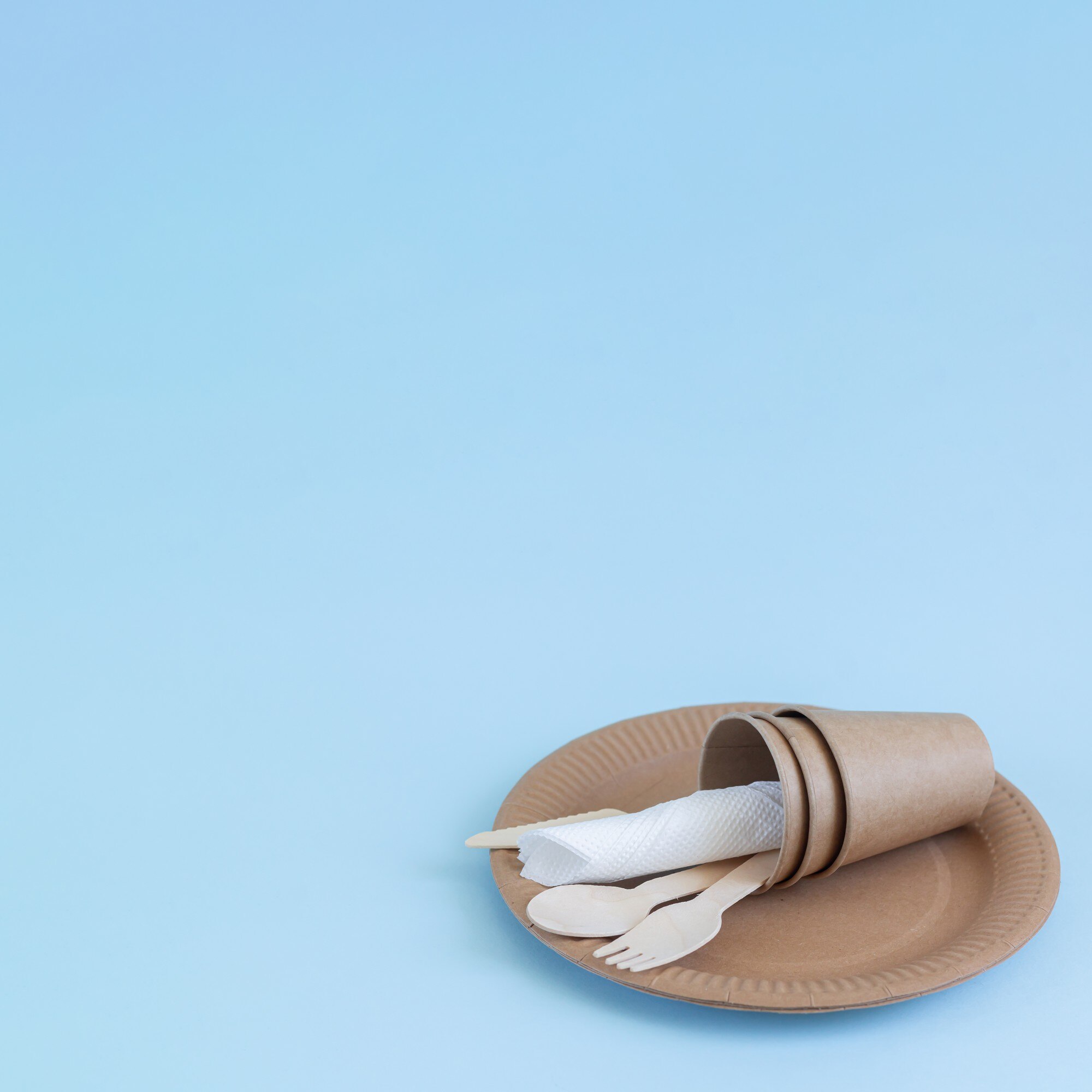 Cut smart, waste less: The environmental edge of precision plastic cutting 3 disposable eco friendly utensils on blue a964961273e7bb00f66b