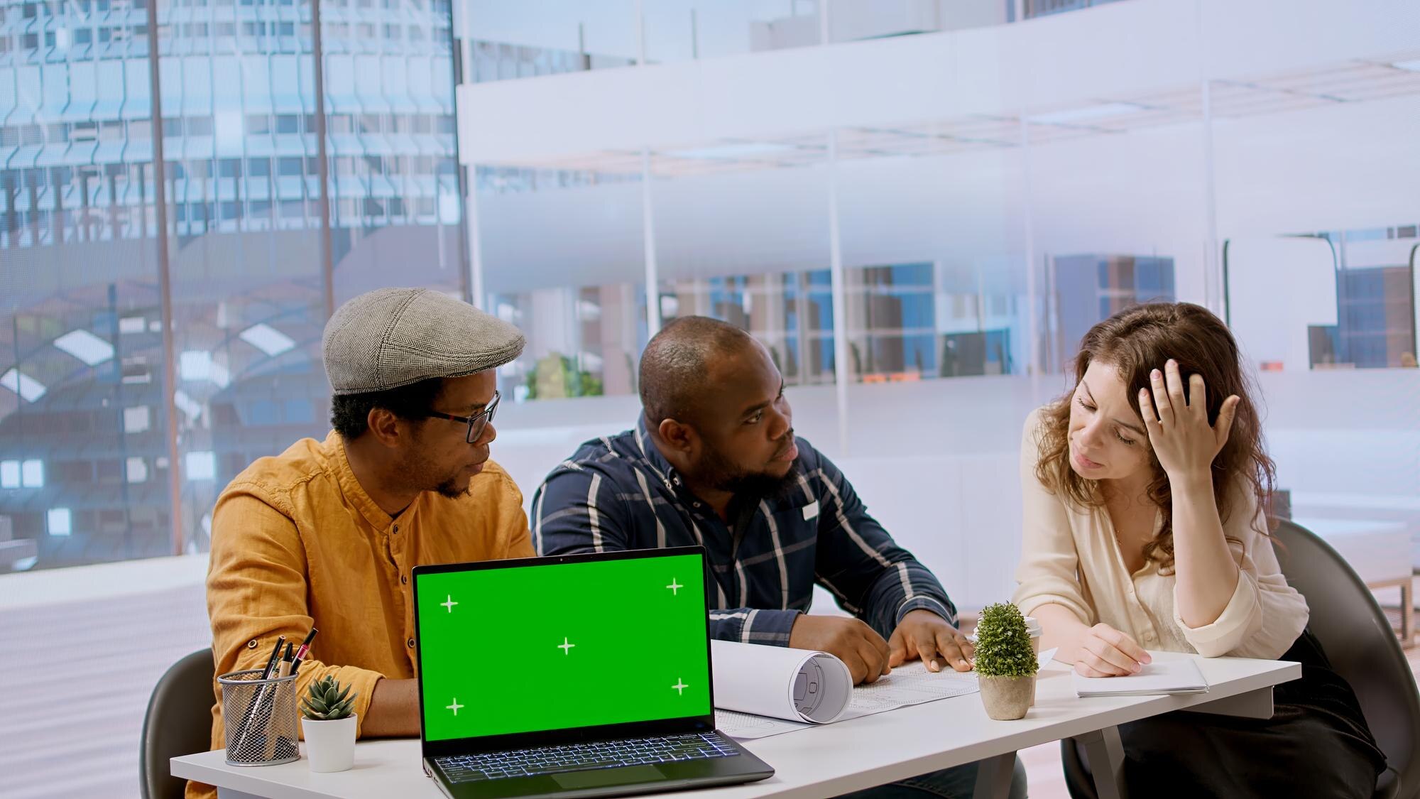 Diverse group of three professionals in a modern office meeting, discussing plans with a laptop displaying a green screen and paperwork on the table, highlighting collaboration and business strategy.