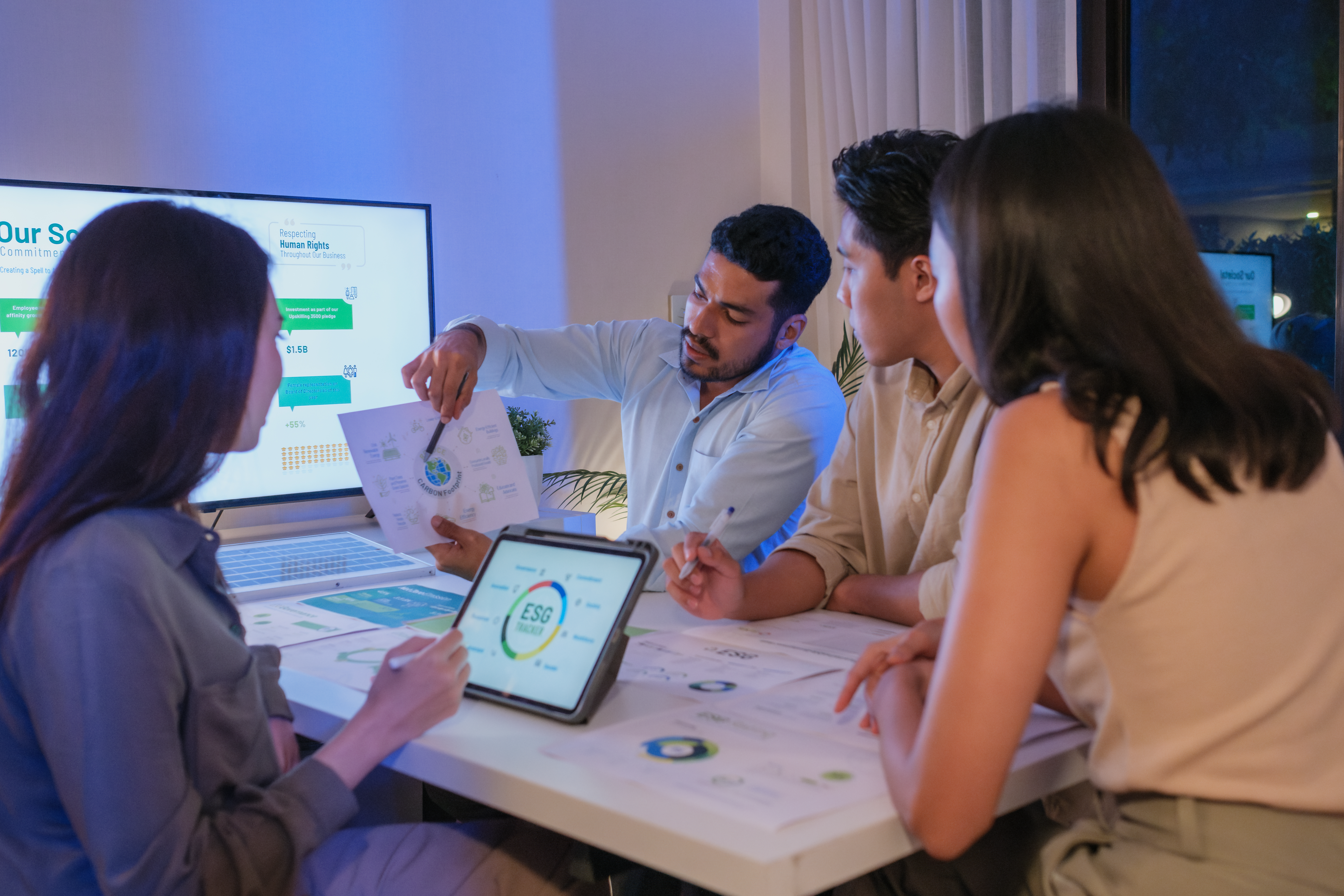 Marketing team collaborating on ESG driven digital marketing strategy focused on sustainability and purpose led growth.