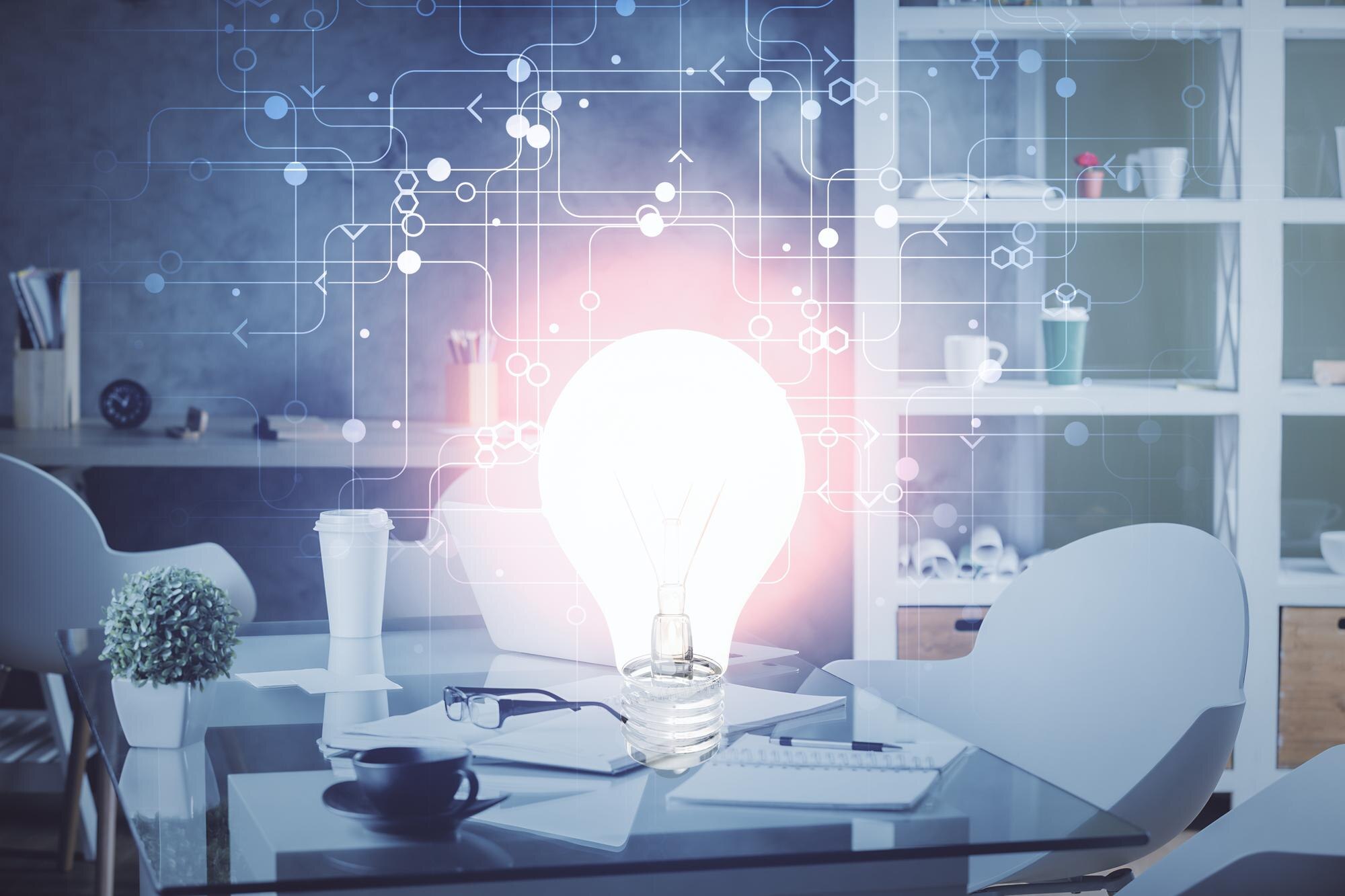 Double Exposure Of Bulb And Office Interior Backgr E24ec57e544aa15fa78c