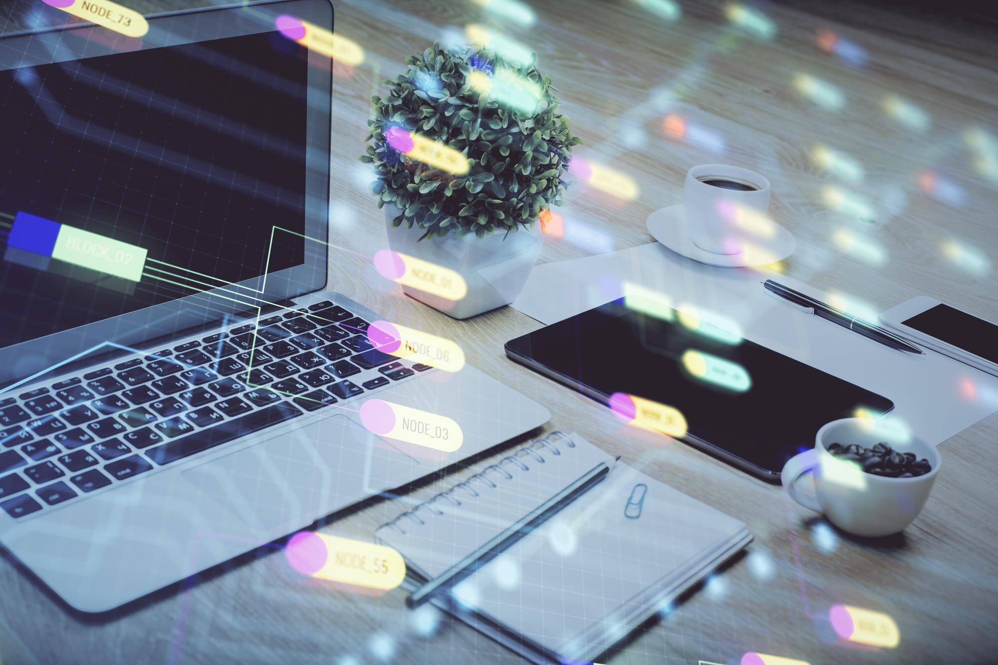 double exposure of table with computer on backgrou 4c41e32193ebcbd7f5ce