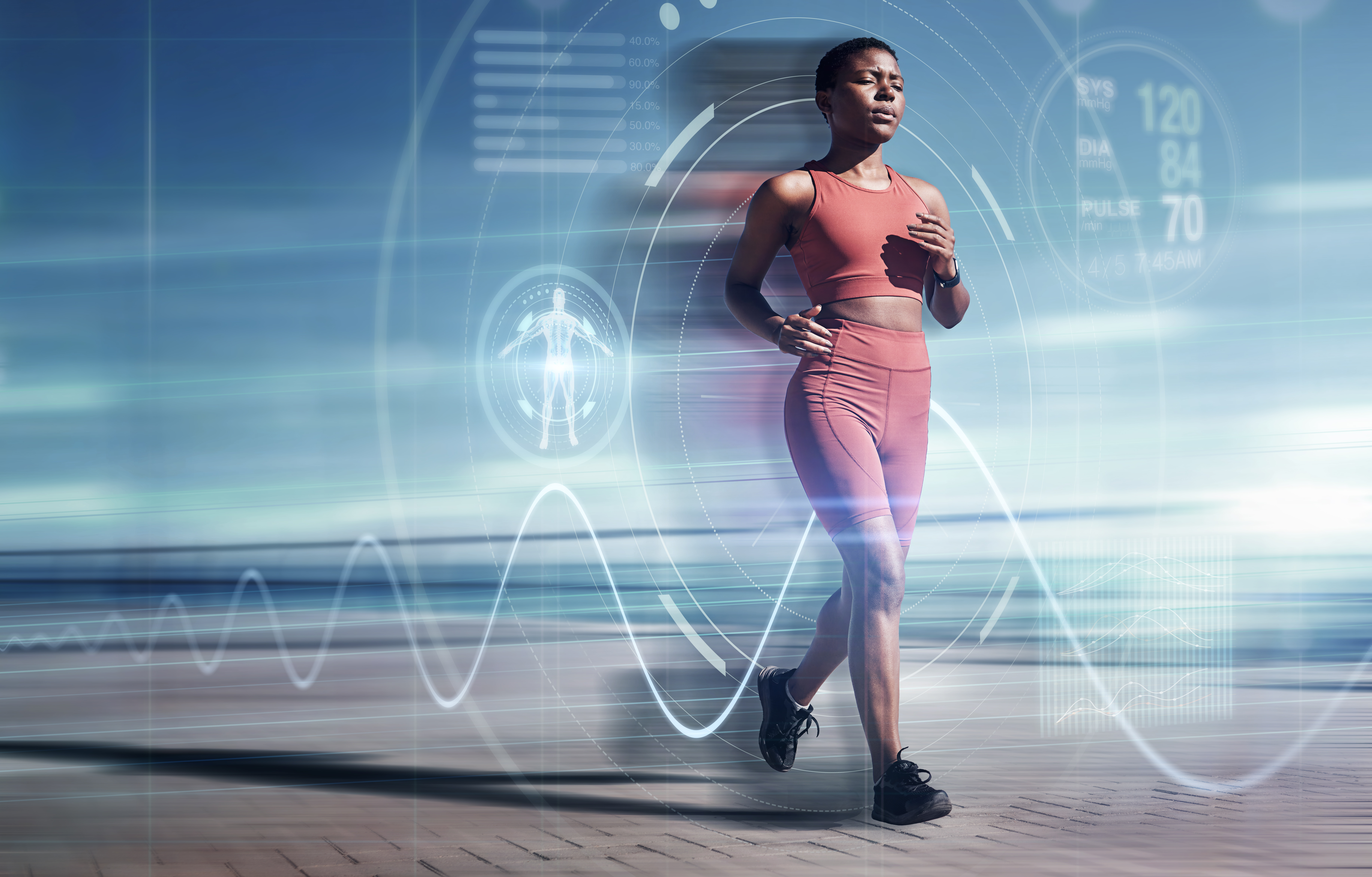 Woman running outdoors with futuristic fitness data visualization