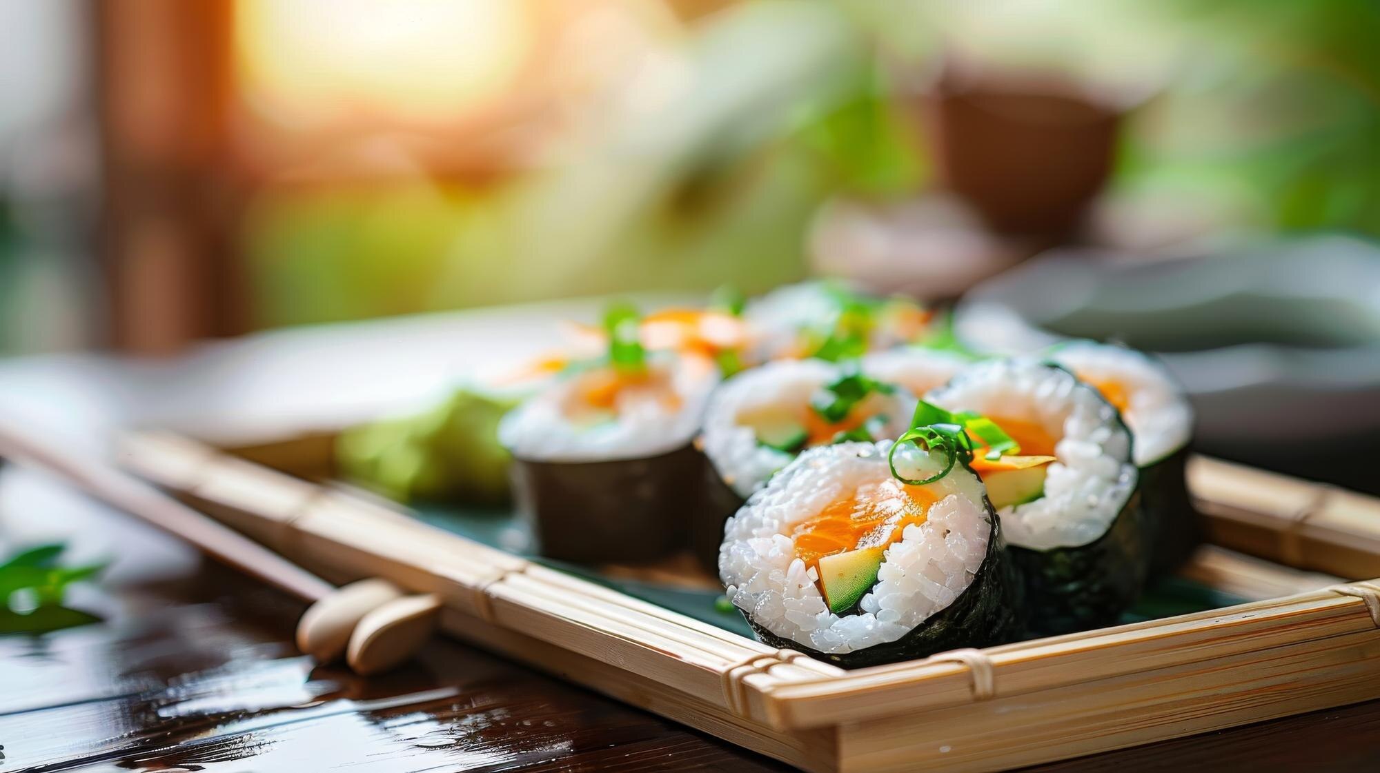 exquisite sushi delights on ecofriendly bamboo tra 30e53ef23600efb9fbad