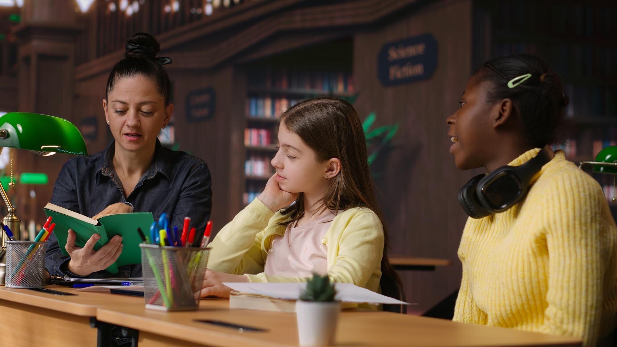 Female Tutor Mentoring Schoolgirls In A School Lib 7fd609ce1f131480264b