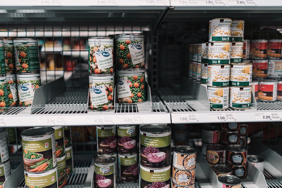 A pic of commercial shelving/storage with canned food. 