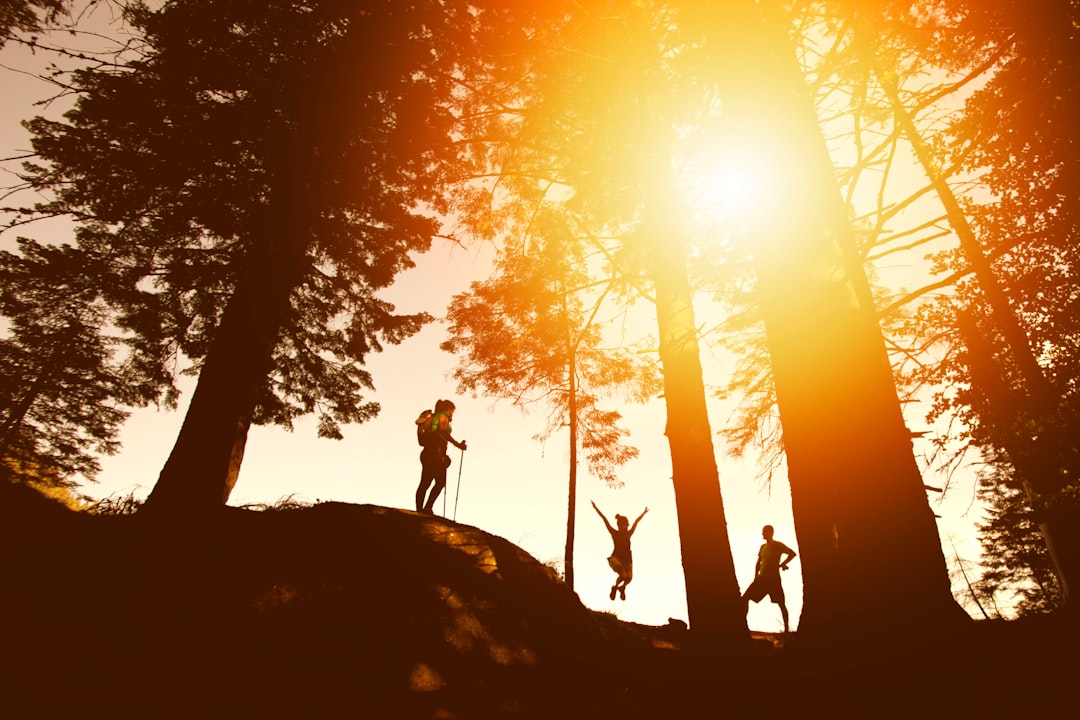 A group of people hiking through the woods under the bright Texas sun, enjoying an outdoor adventure near Austin.