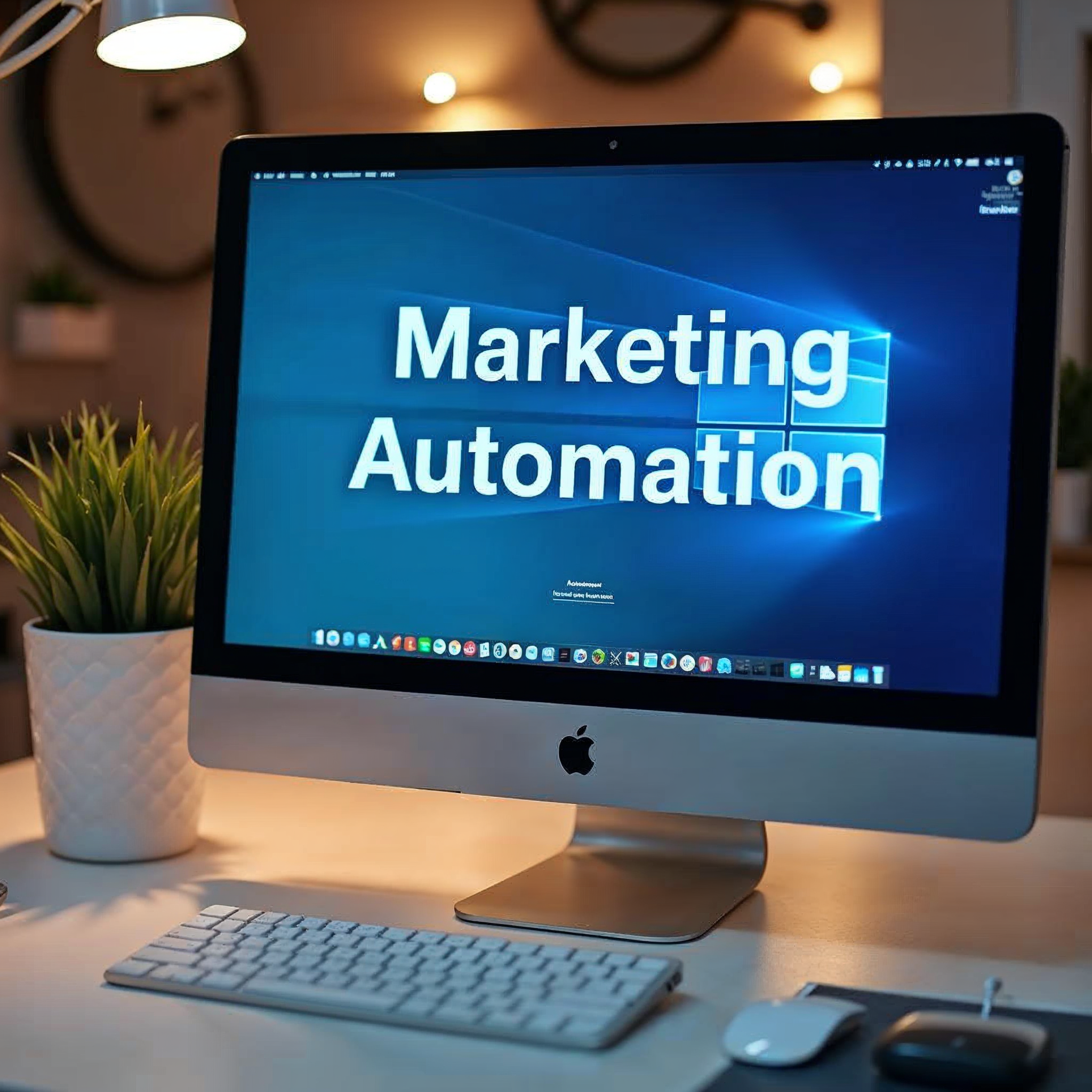 iMac sitting on a white desk with a blue screening that reads Marketing Automation