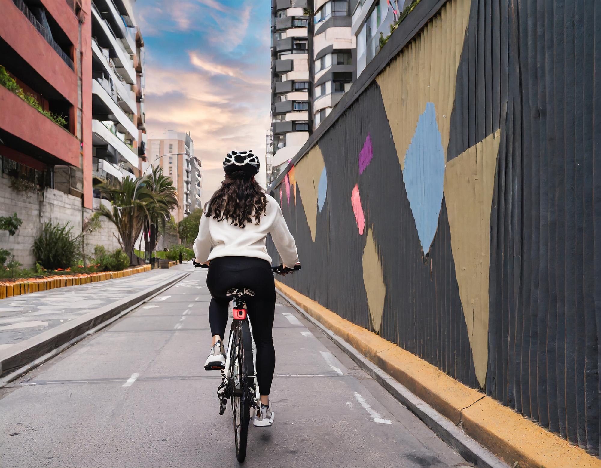 Female cyclist riding along an urban bike lane at sunset, wearing a helmet and activewear, showcasing sustainable commuting and modern city cycling lifestyle.