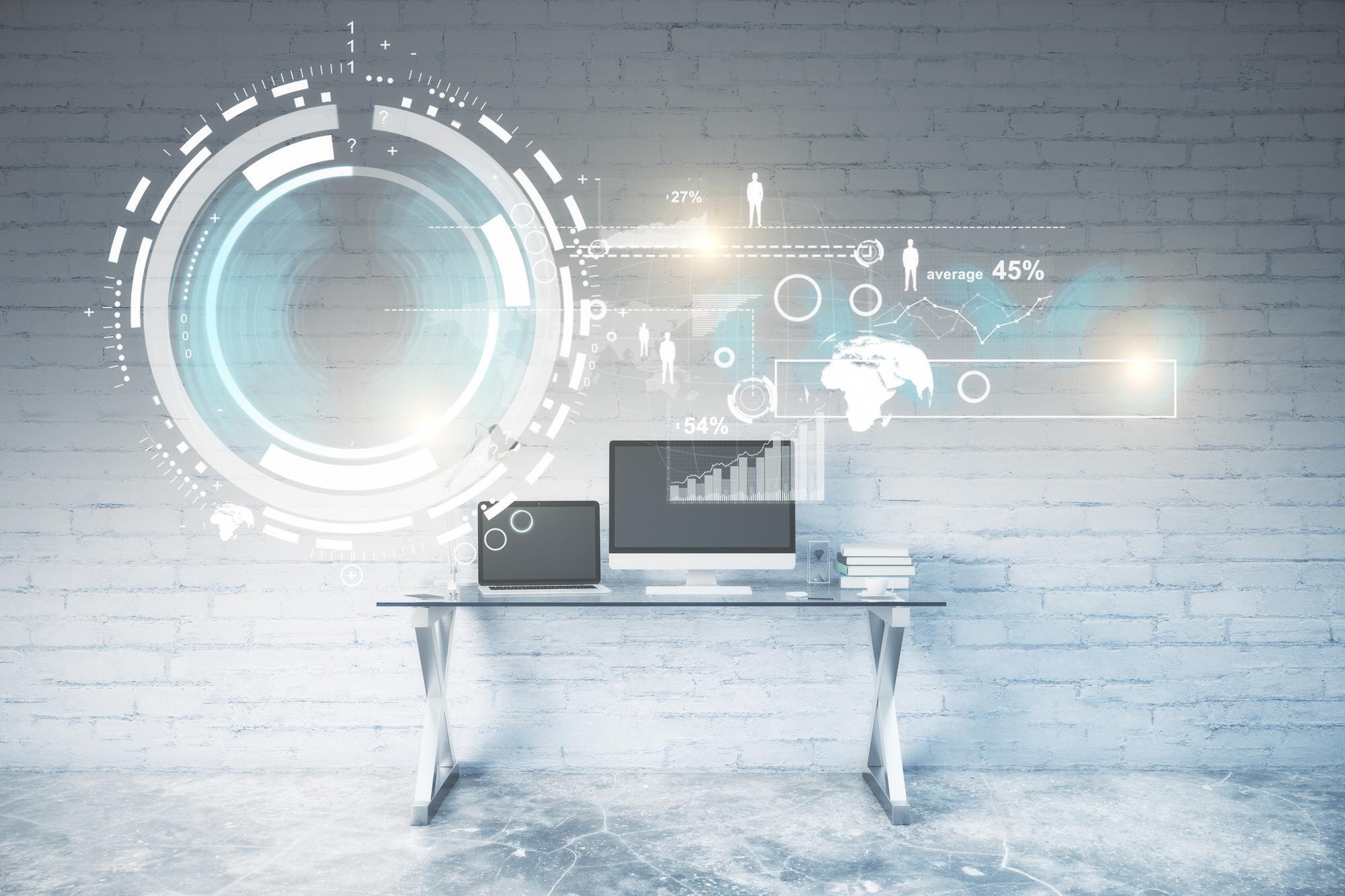 front view of white brick interior with workplace be8daac8d1c0821021a7