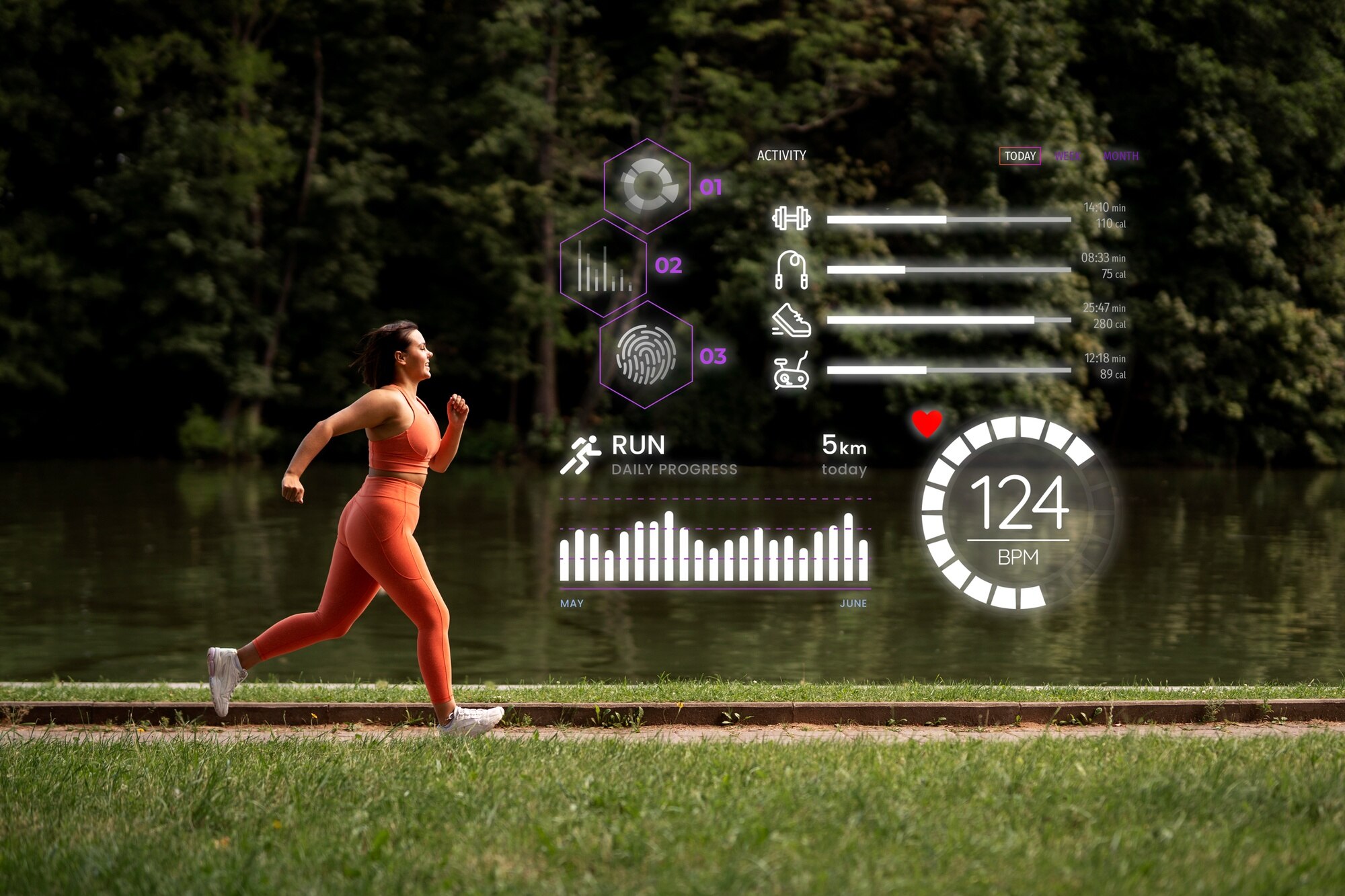 Woman runner training outdoors with real-time performance stats overlay