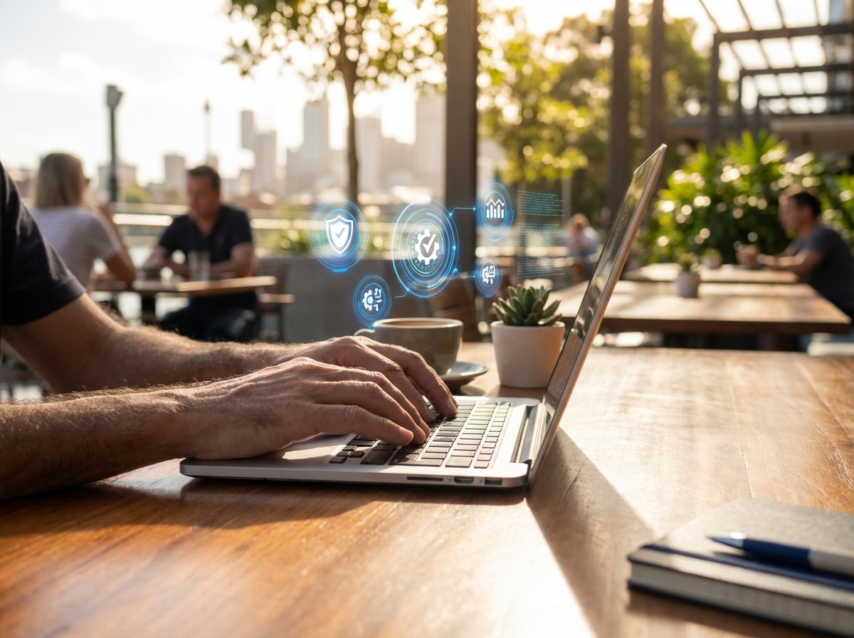 Person typing on laptop outdoors, with digital icons representing cybersecurity and IT management, showcasing proactive network management and virtualisation consulting for business efficiency.