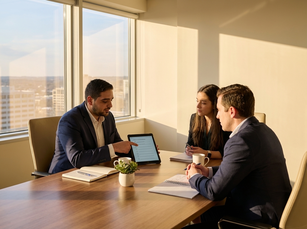 Business meeting with three professionals discussing IT support options, reviewing a tablet with checklist, sunlight illuminating modern office setting.