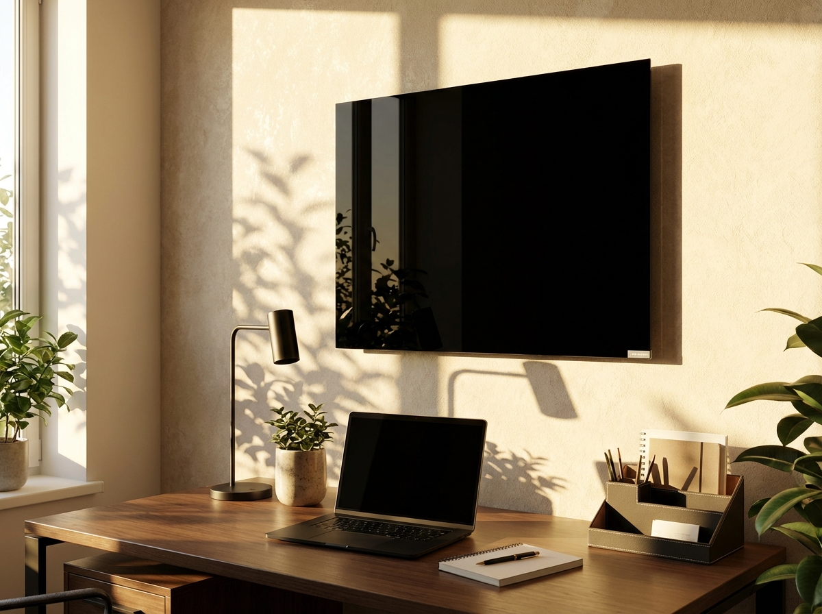 Modern interior featuring an infrared heating panel in a calm stylish space