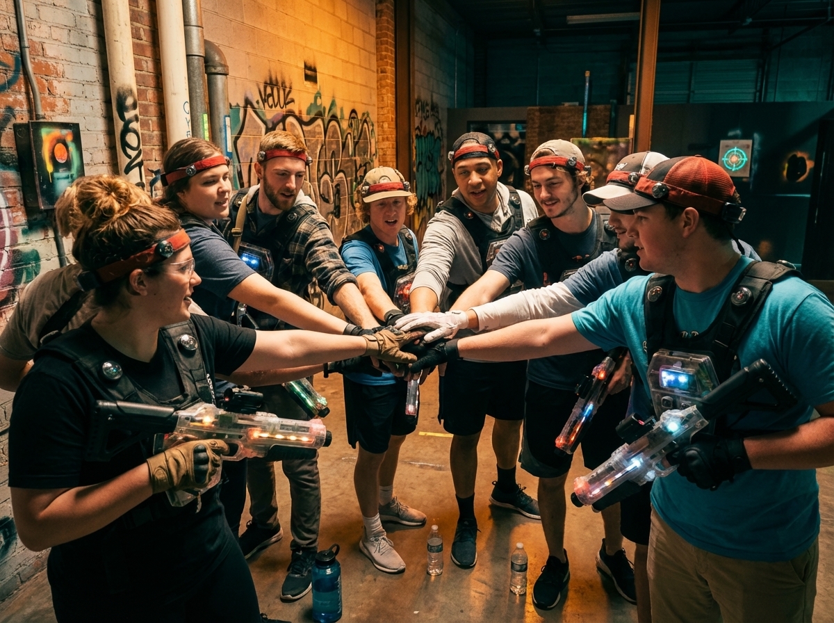 group of friends playing laser tag all in there mid 20's and 30's. The most fun in town