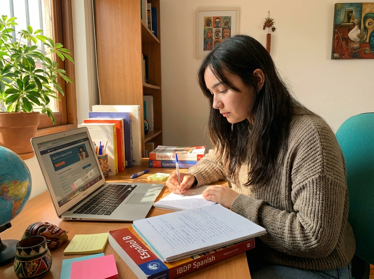 IB SPANISH B Student studying online for her exams 