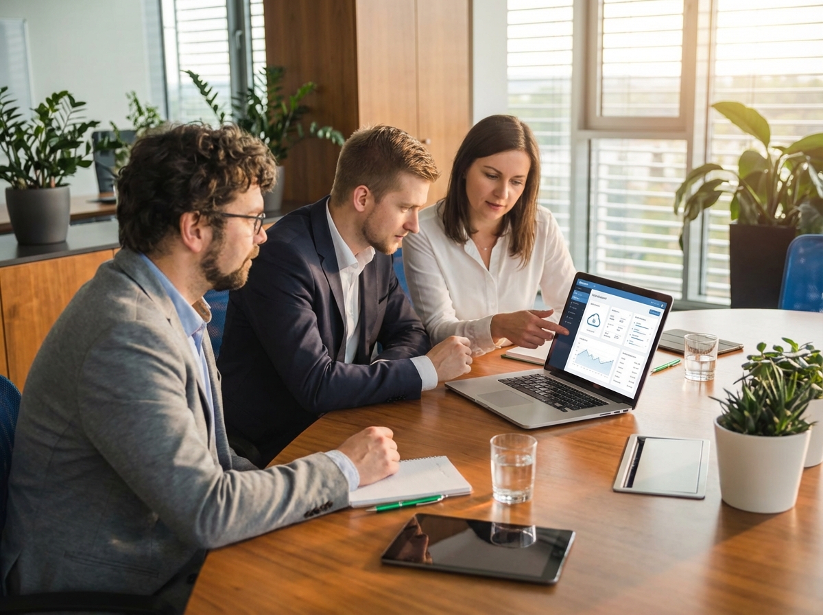 2 men and 1 woman working on cloud solutions