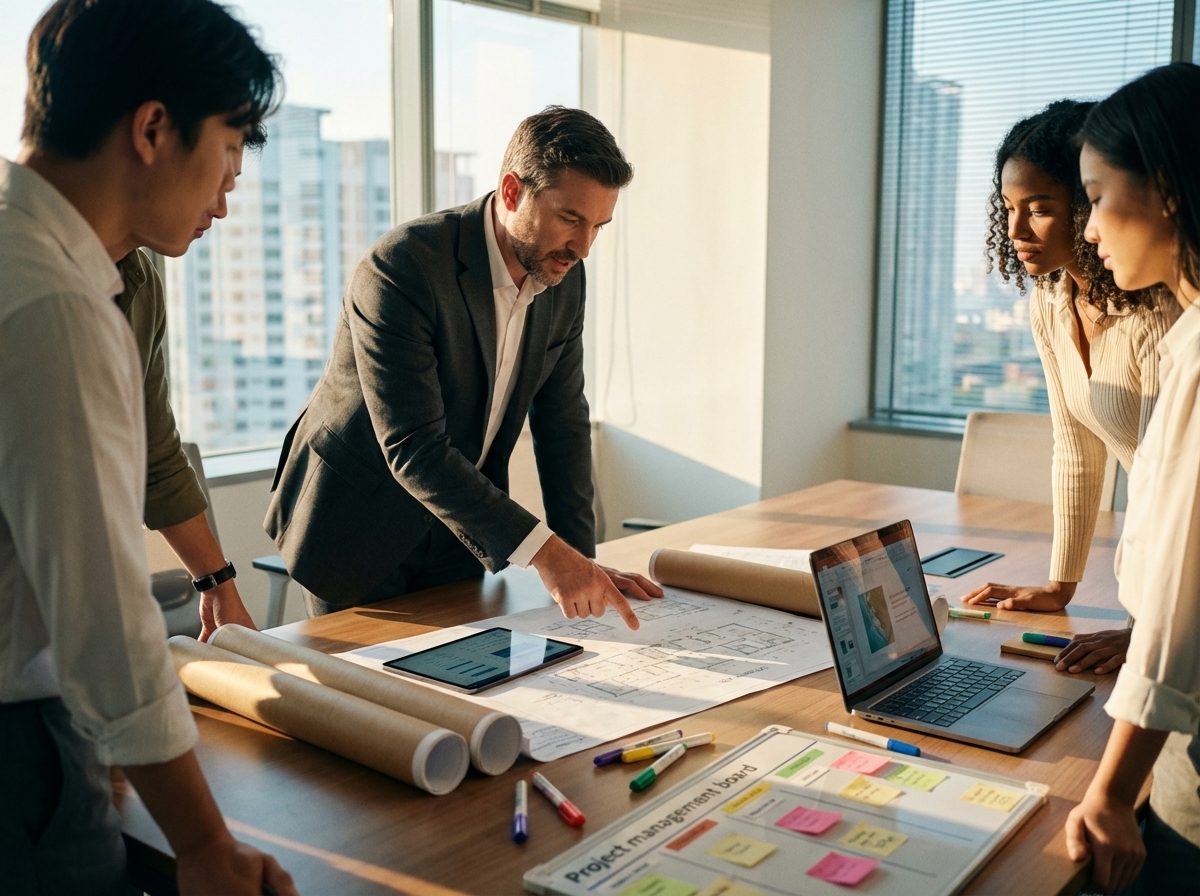 Business team collaborating on IT management strategies, analyzing project plans and data on a laptop, with focus on tailored solutions for efficiency and security.