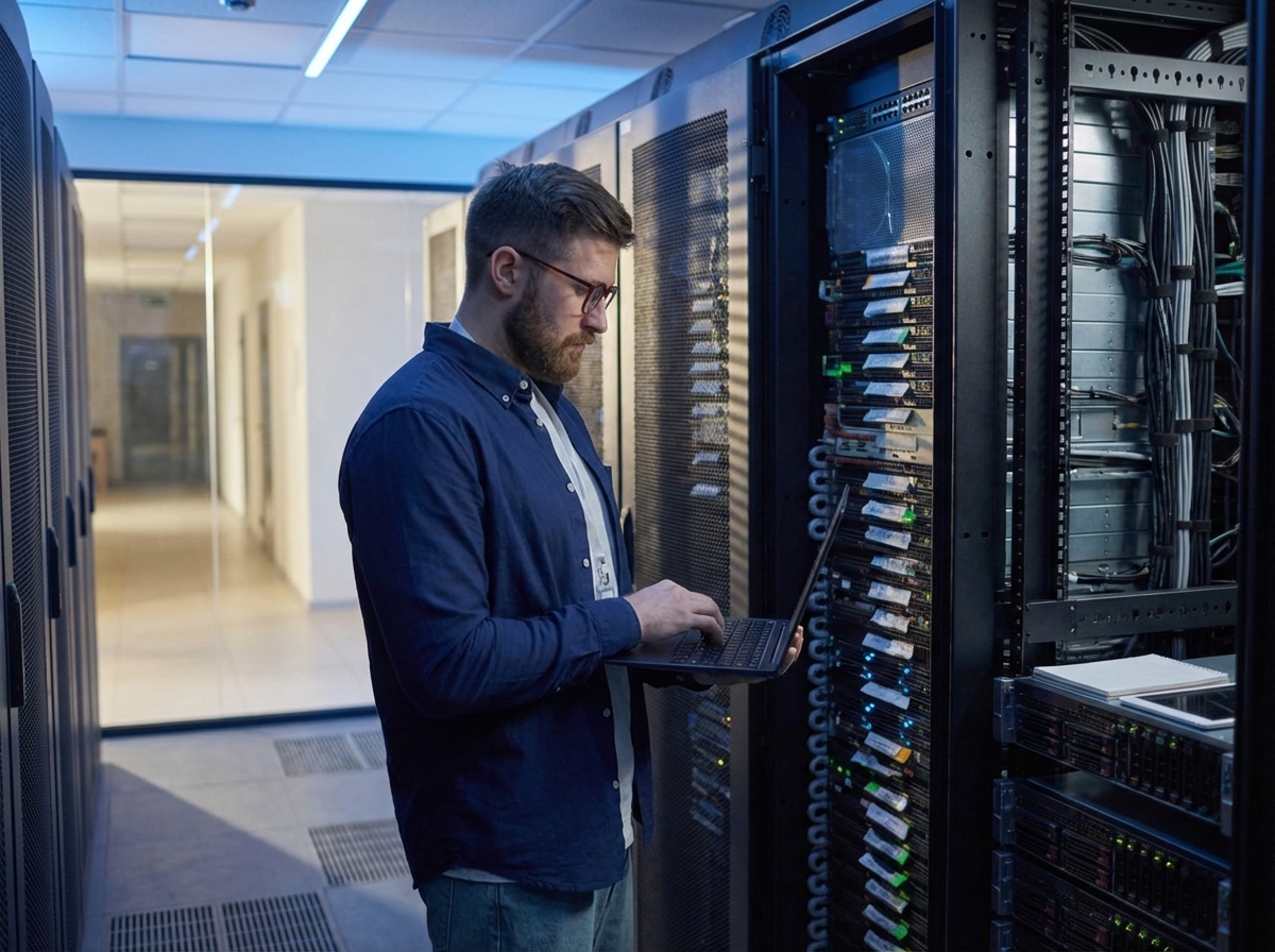a man standing in a computer room  on his laptop. Cyber security