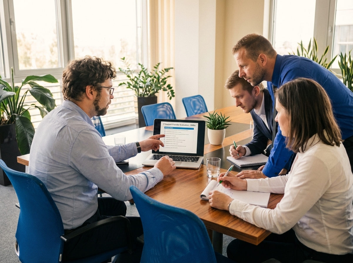 Group of professionals discussing IT support provider evaluation, focused on laptop screen displaying checklist, in a modern office setting with plants.