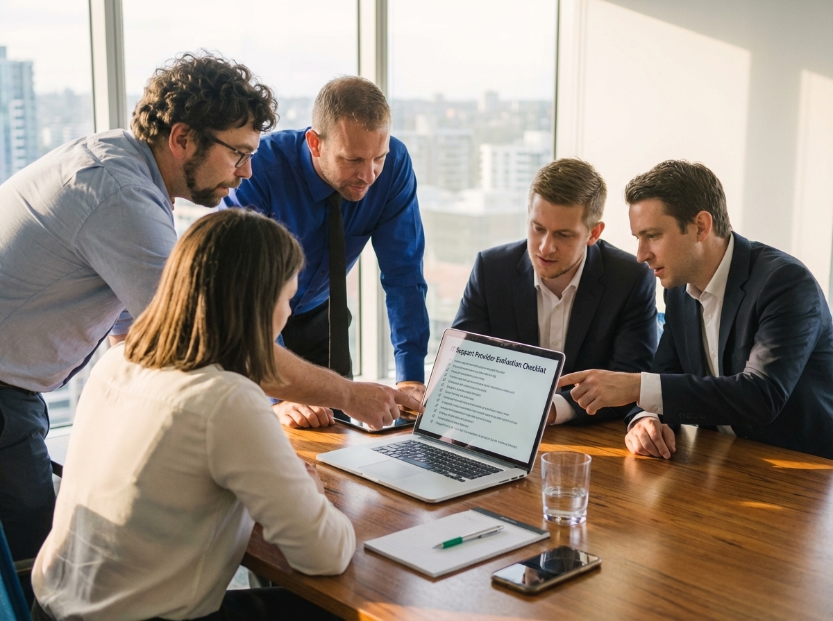 Group of professionals discussing IT support provider evaluation checklist displayed on a laptop during a business meeting in a modern office setting.