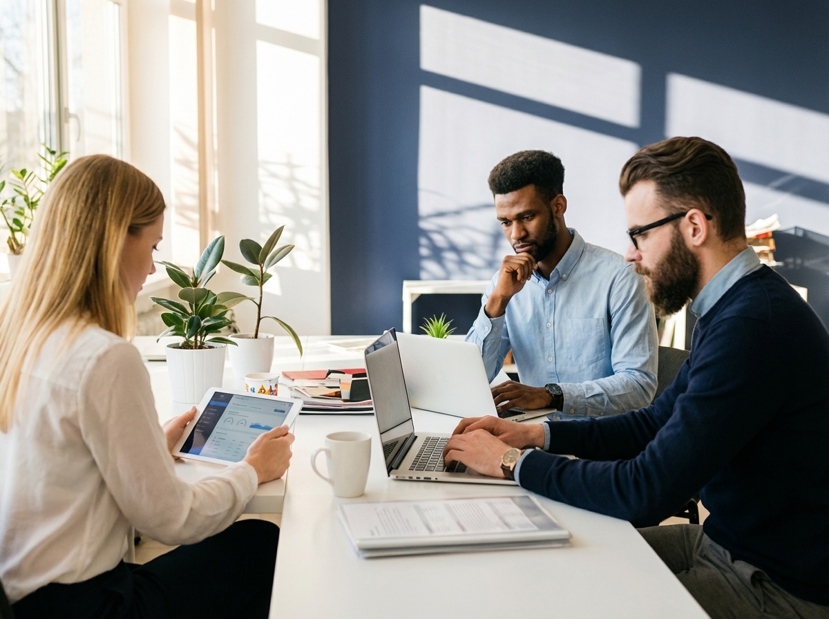 Business meeting with three professionals collaborating on IT solutions, one using a tablet, two working on laptops, surrounded by plants and documents, emphasizing efficient IT support and management.