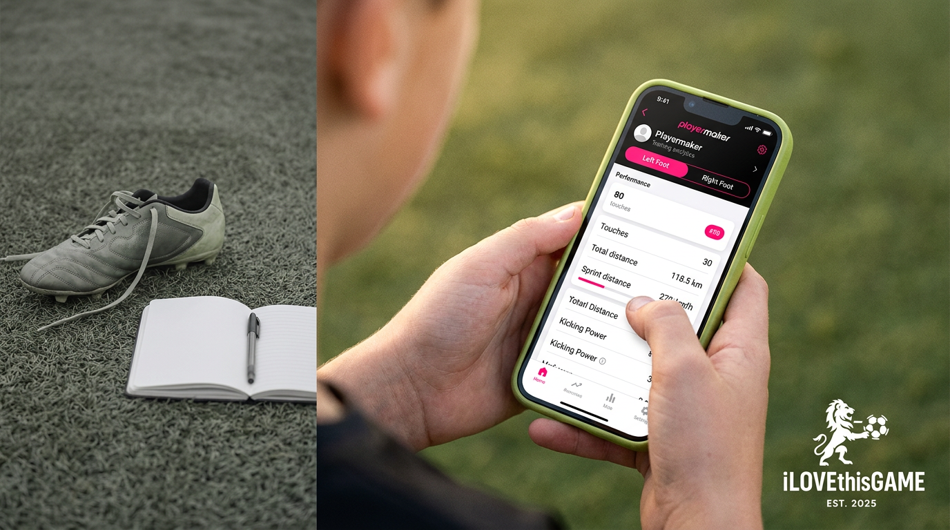 A soccer player on the field looking at Playermaker stats on their phone at iLOVEthisGAME
