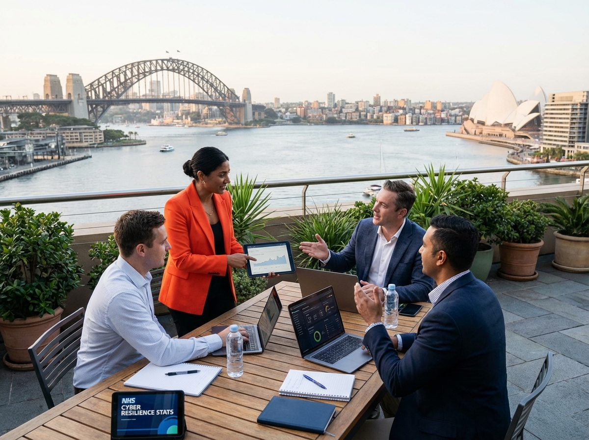 3 men and 1 woman on a roof top looking out over Sydney harbor working on their computers. Cyber security