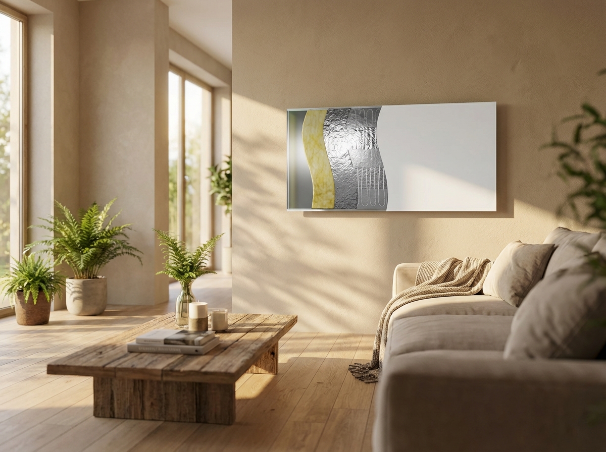 Designer coloured infrared heating panel in a stylish interior