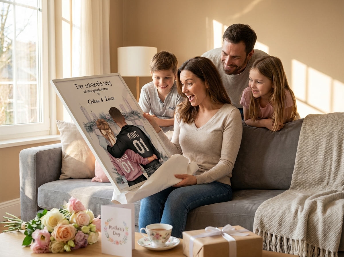 Strahlende Mutter hält ein personalisiertes Geschenk von Gutvibes in den Händen