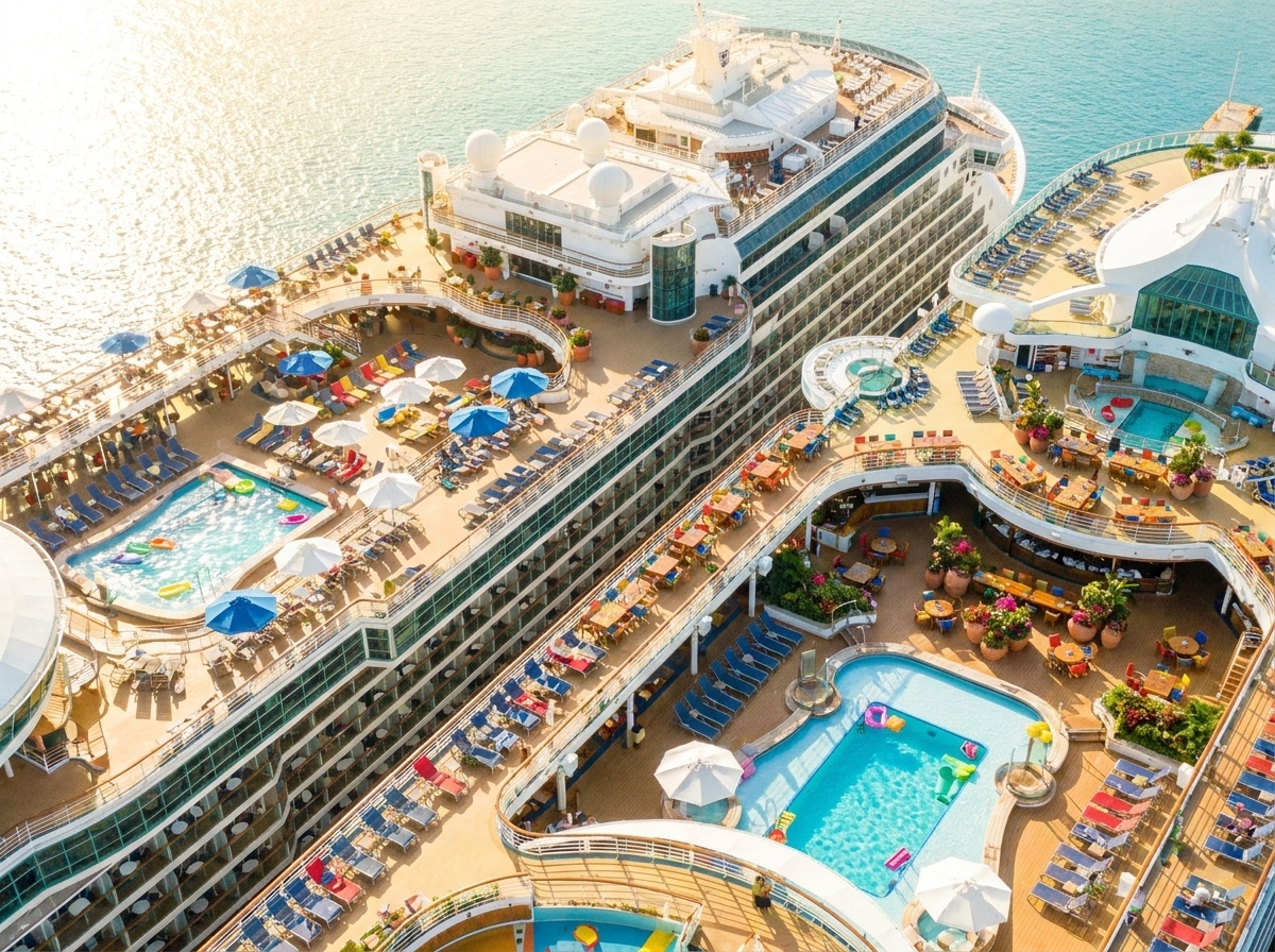 Large cruise ship at sea representing Royal Caribbean-style ship classes and family cruise planning