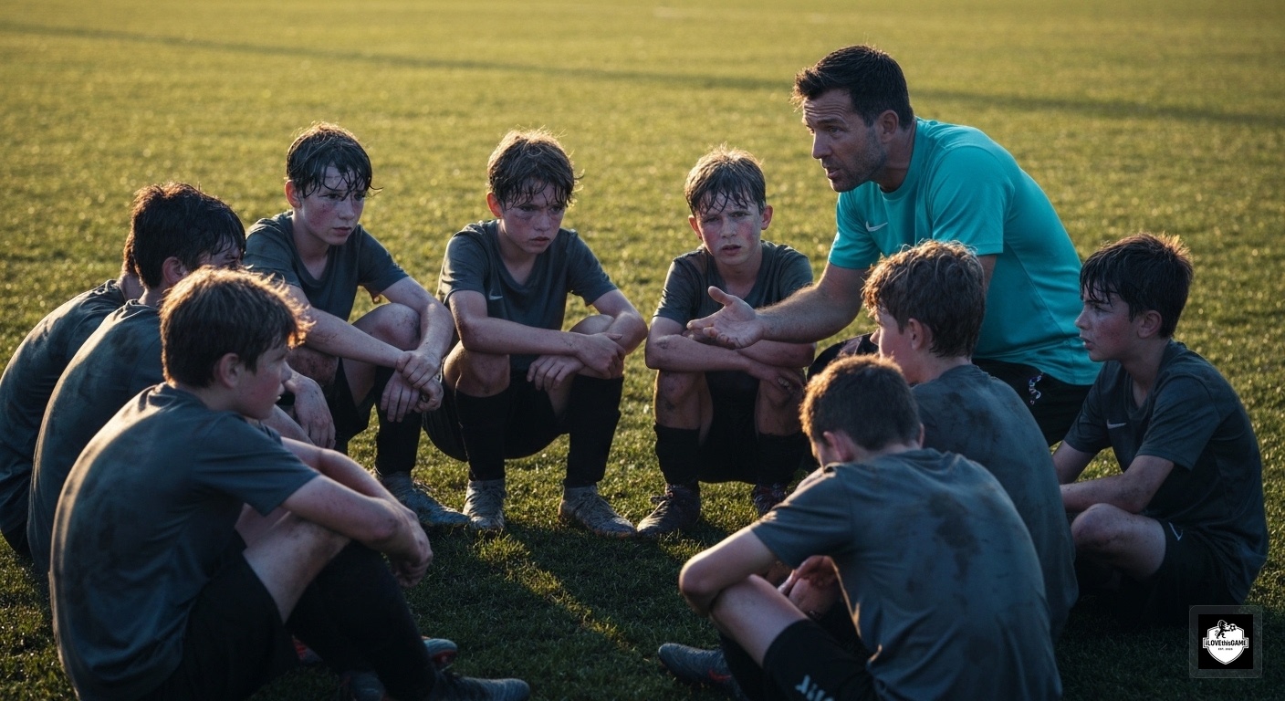Soccer coach talking to kids at iLOVEthisGAME