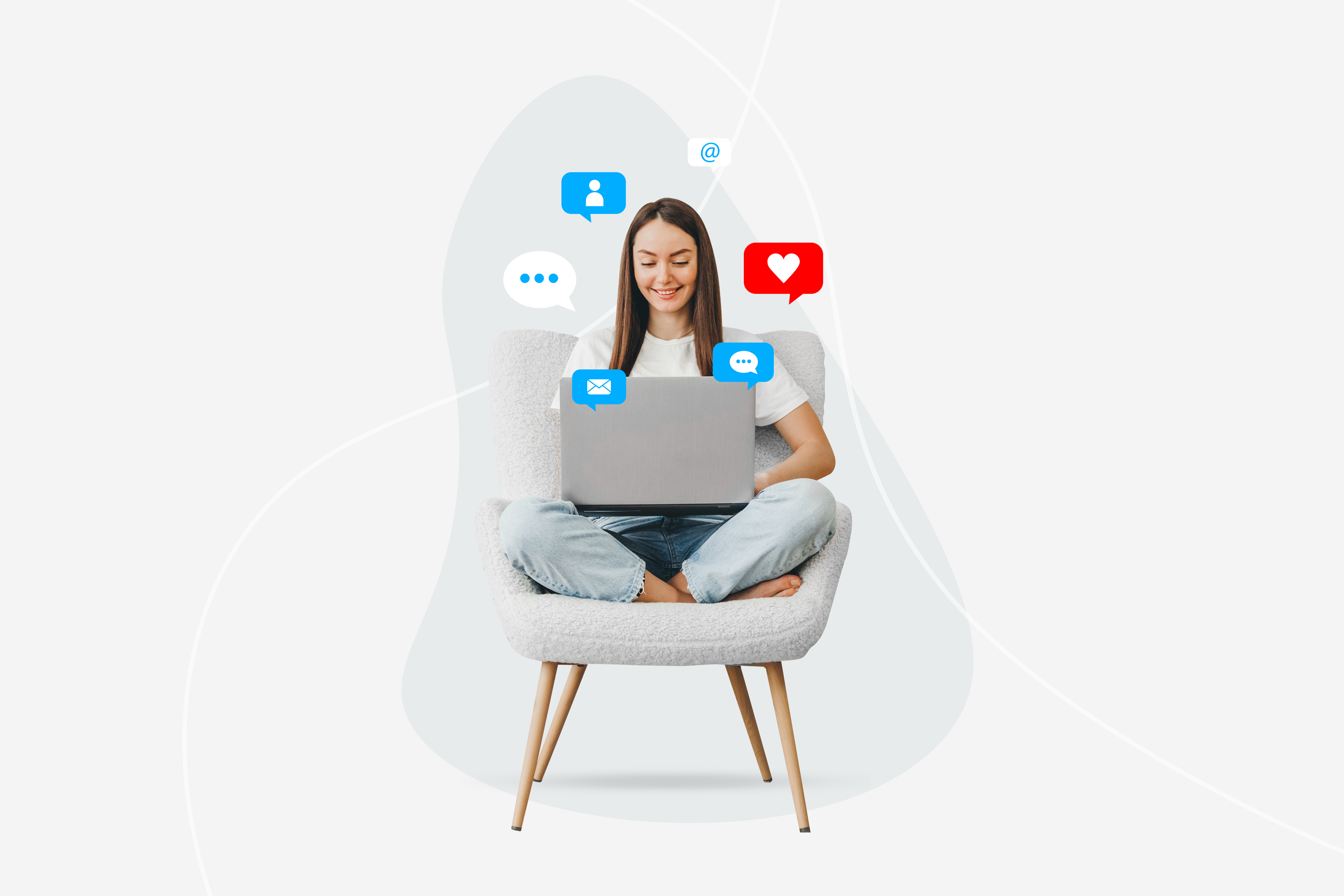 Woman sitting in chair with laptop and social media icons illustrating small business engagement.