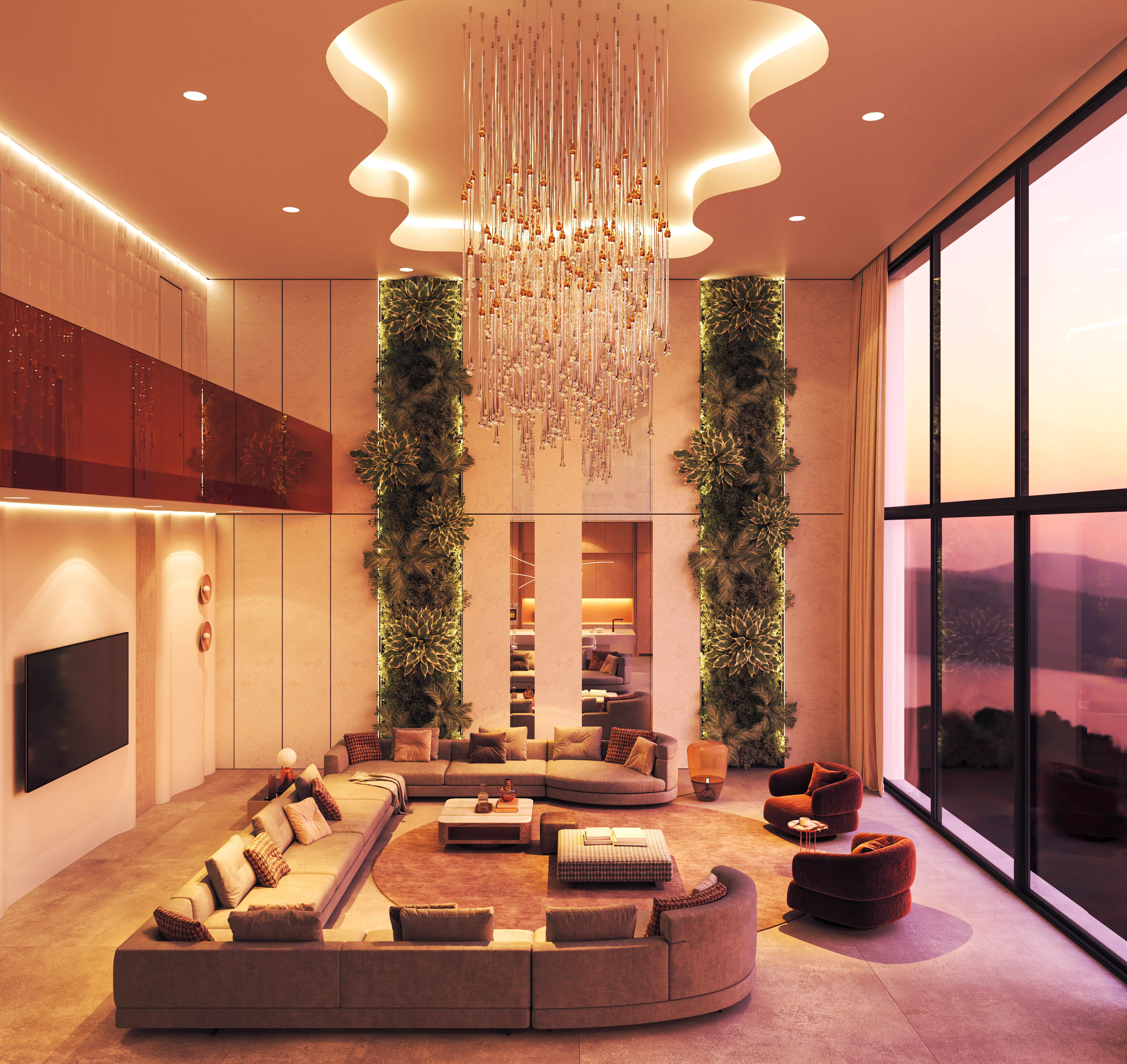 grand luxury living room with chandelier and sunse 51669f67221f166c2f45