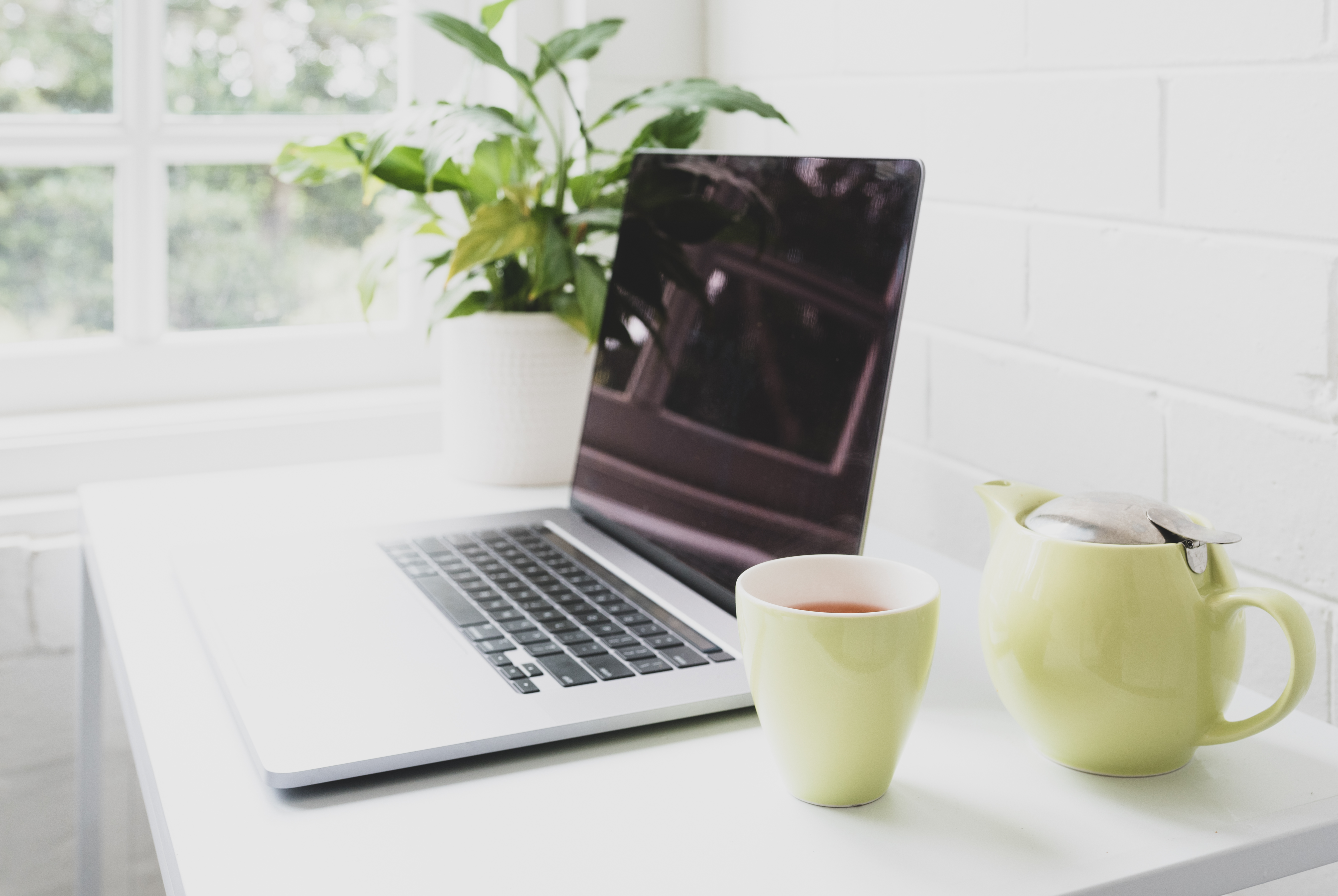 green cup and teap on desk with laptop and plant i 898ba89f3646dd8b1495