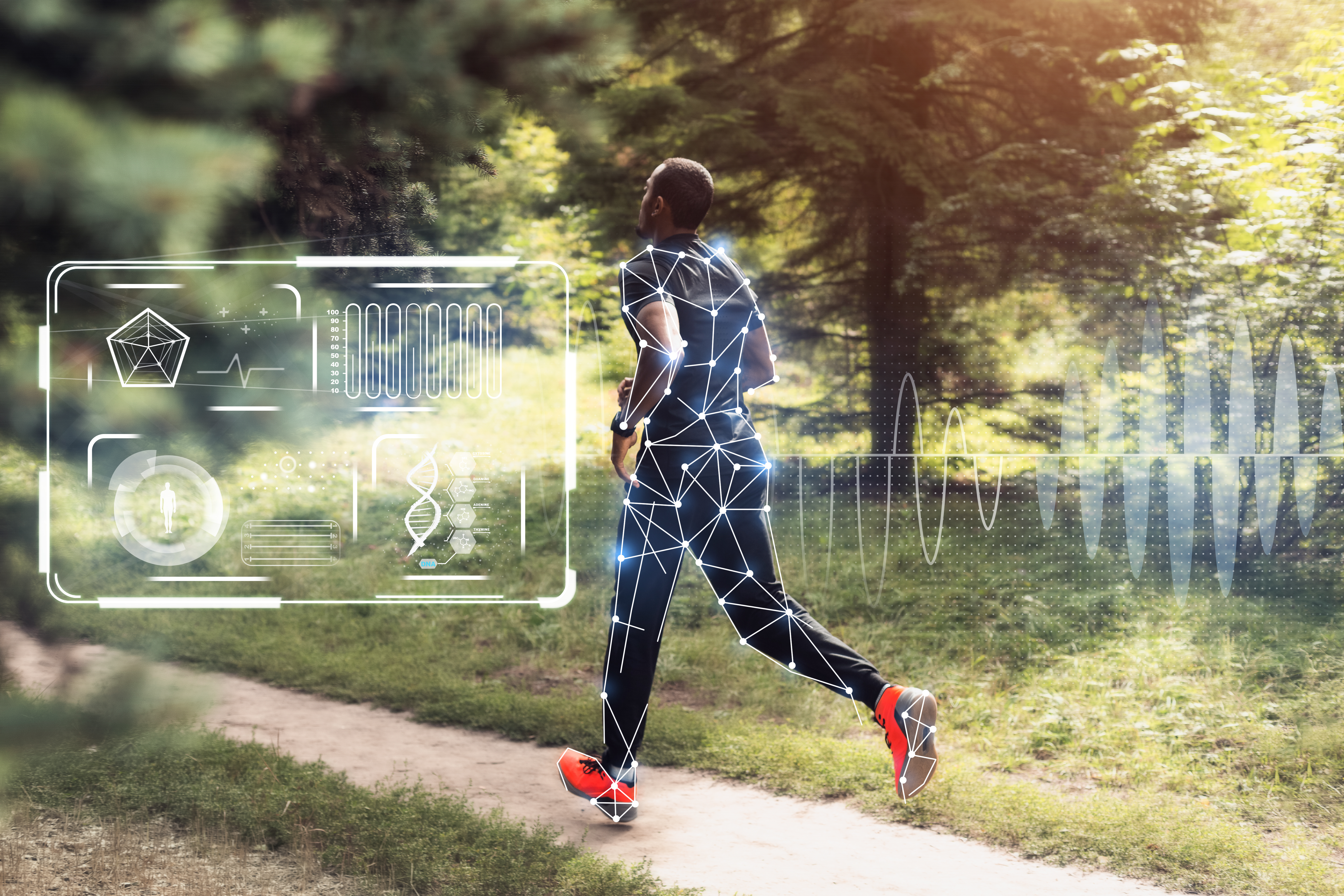 Man jogging through a park at sunrise building endurance with a morning run
