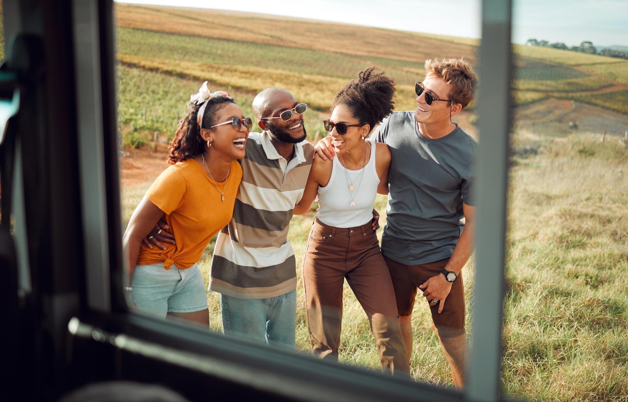 happy nature and friends on road trip adventure ho 6ea5583068236de9e050