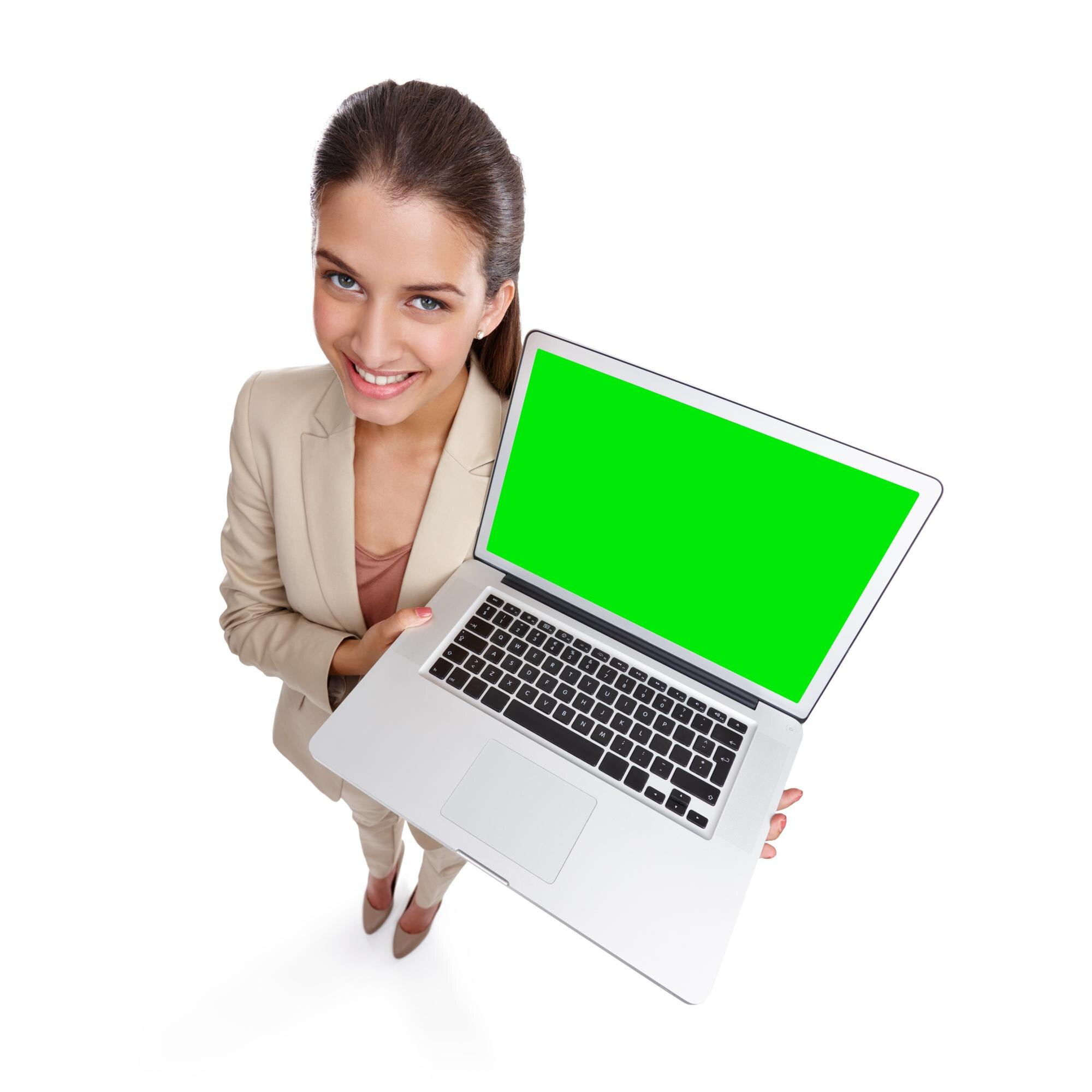 happy woman portrait and laptop with green screen 18c90e478dc2c840af95