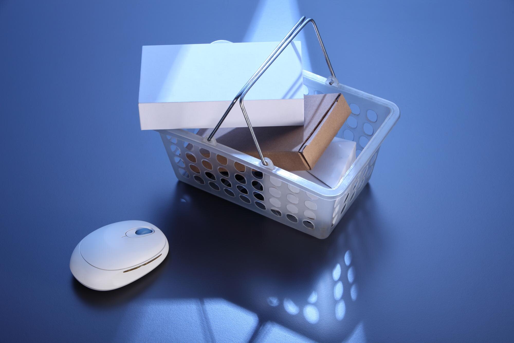 high angle view of boxes in shopping basket by com 114d610a13badef33ad4