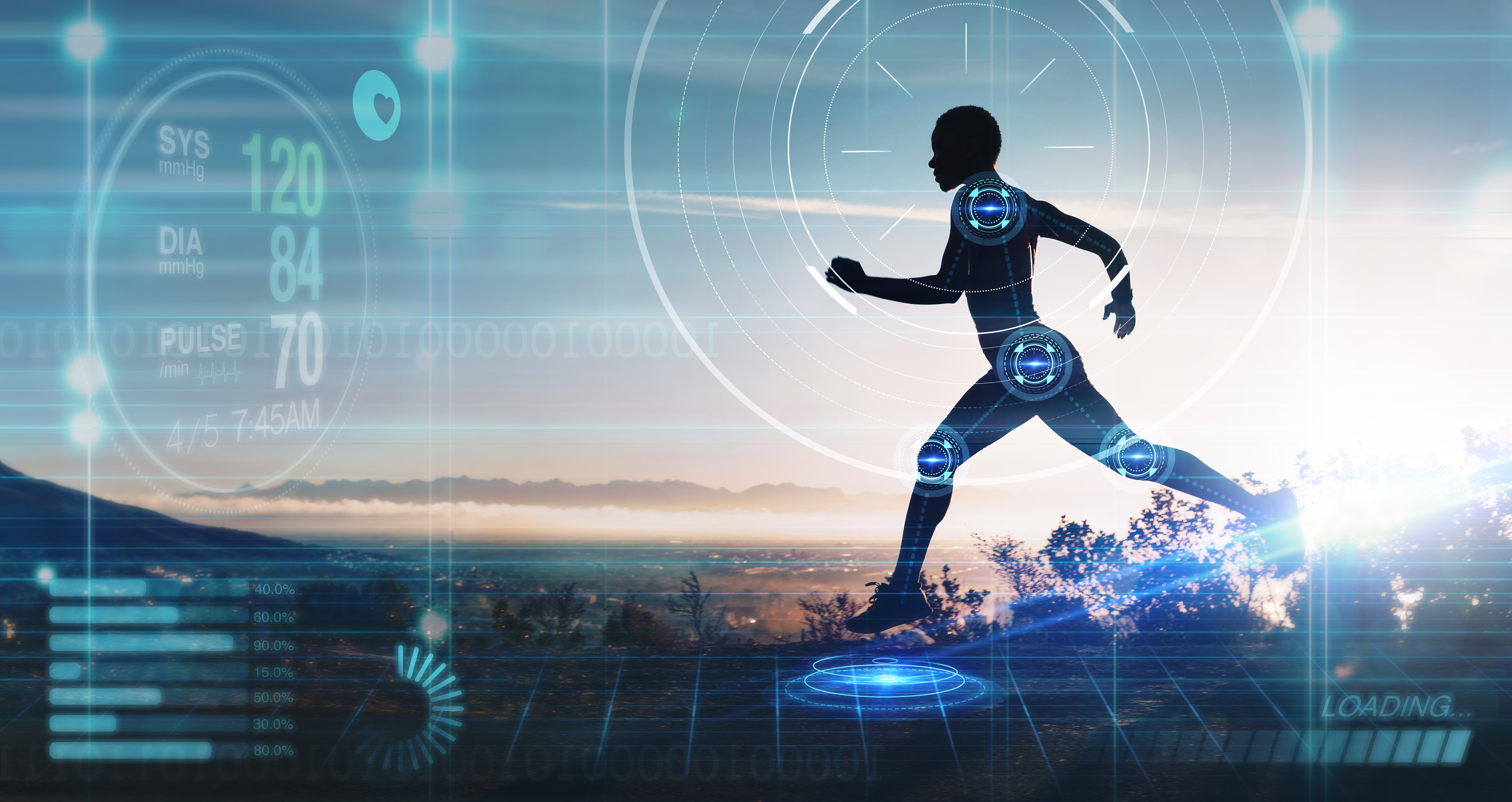 Runner with holographic fitness data overlay illustrating AI coaching