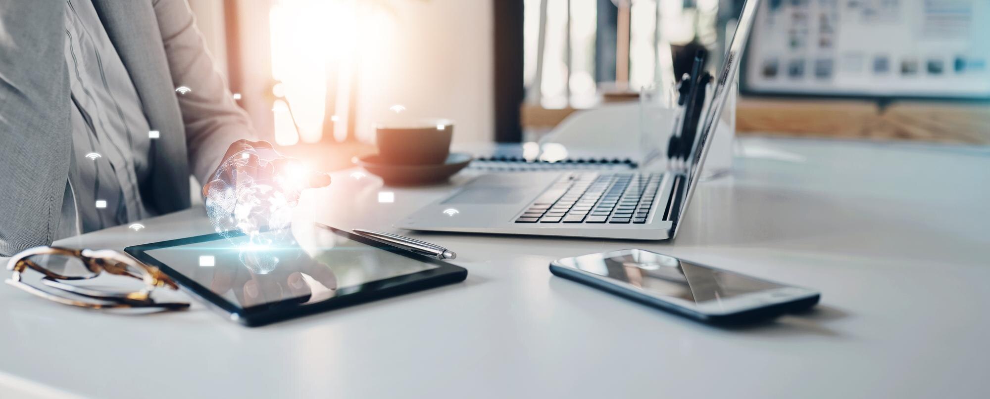 hologram tablet and business person in office with 0abc06811aedd28fc3b6