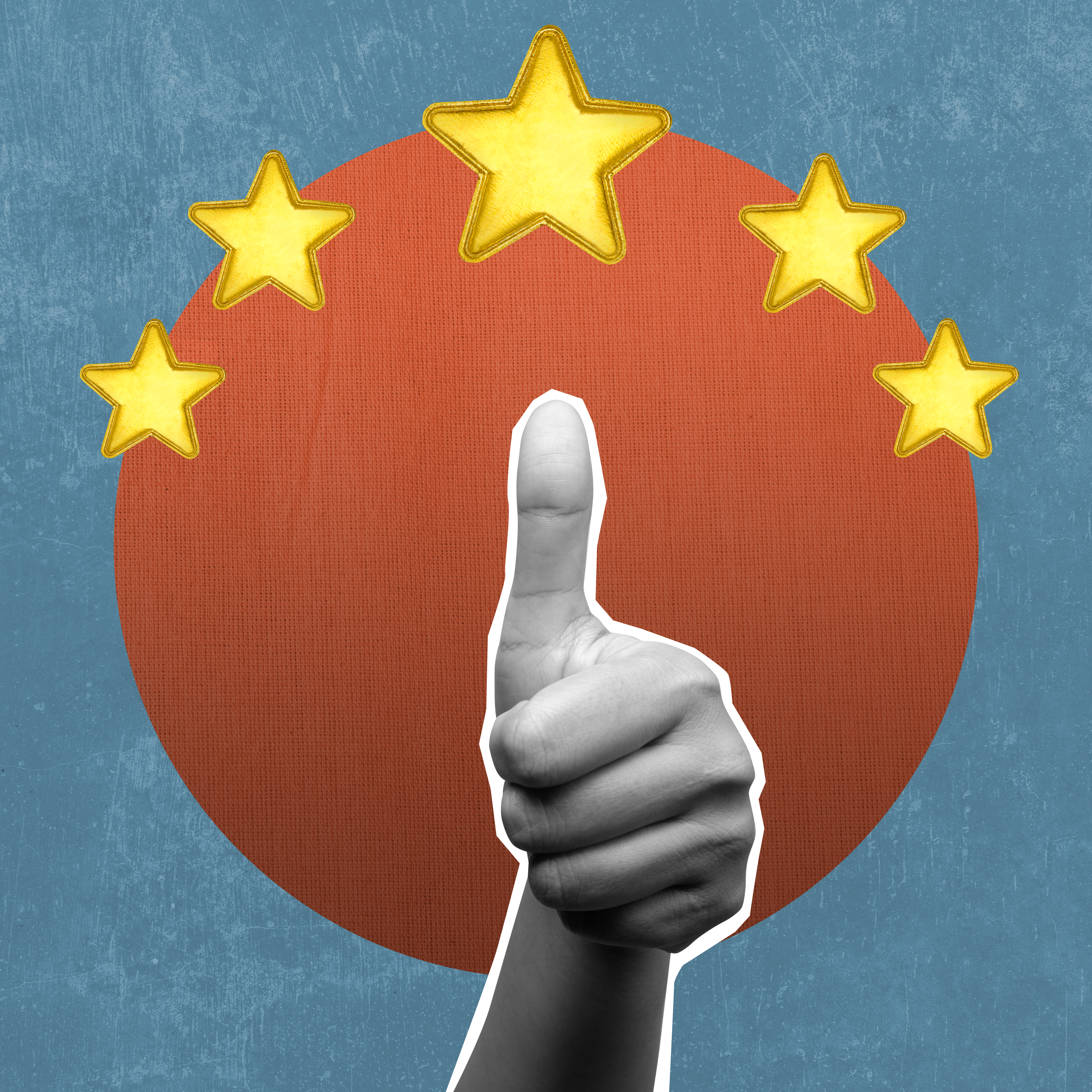 Hand giving a thumbs up with five golden stars in the background, symbolising positive reviews and online reputation enhancement.