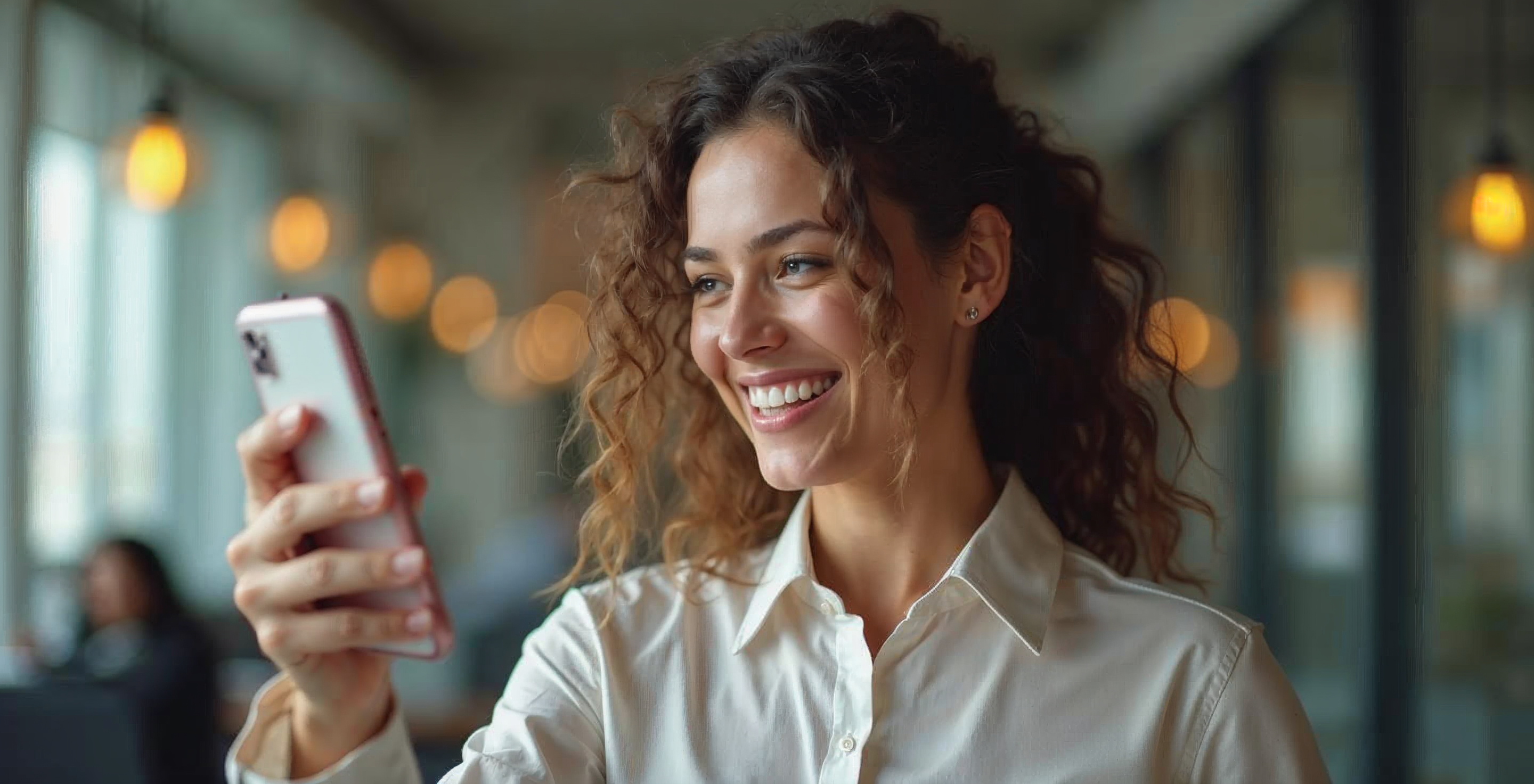 Fairskinned woman with curly brown hair holding mobile phone and smiling looking at it