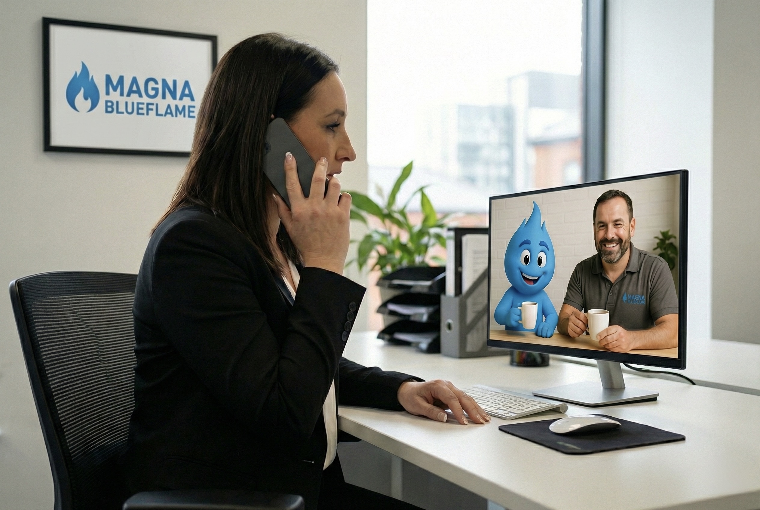 Magna Blueflame office team member handling customer enquiries by phone