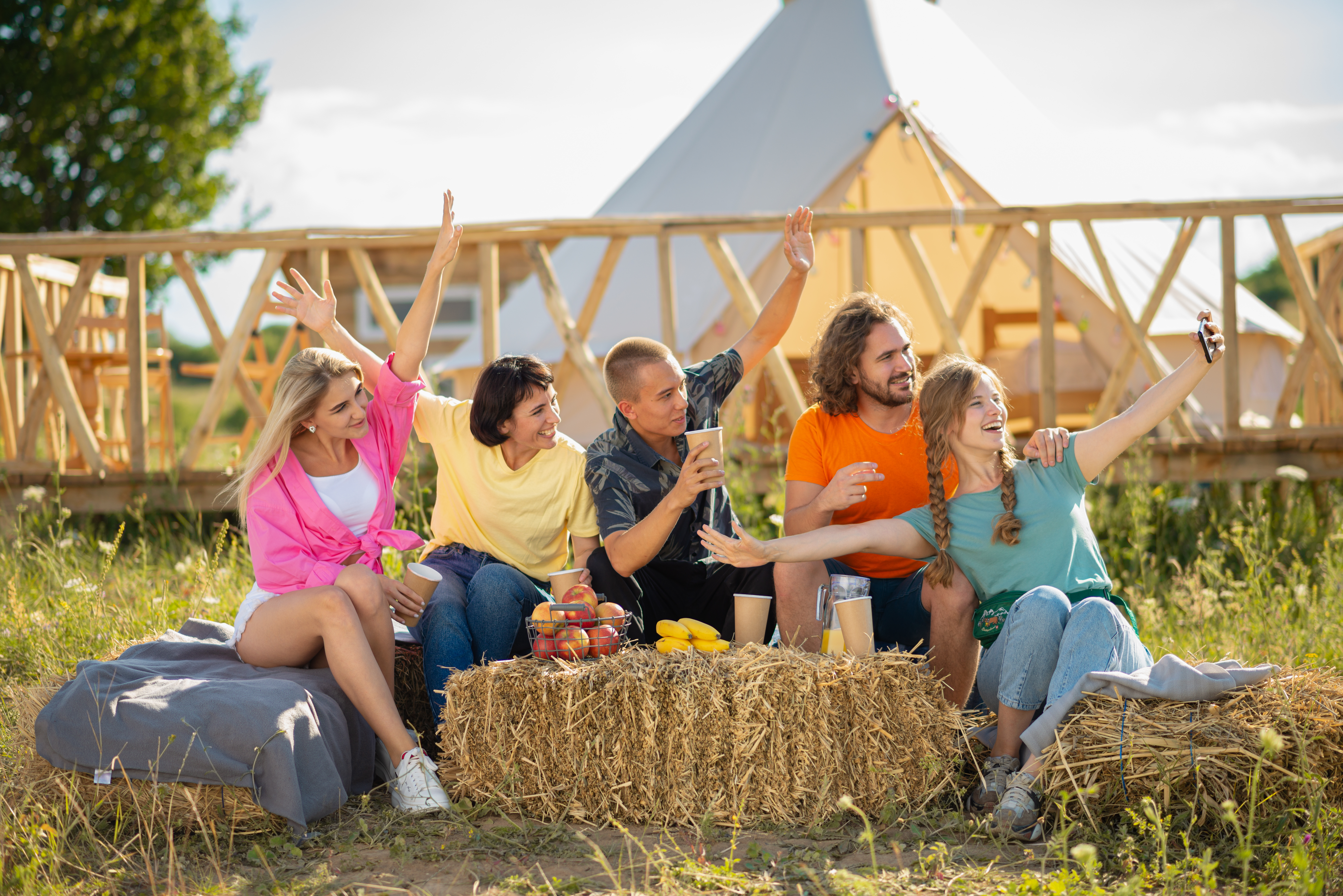 Brilliant Bell Tent Hire - in the sunny day at the campsite group of friends 512d4354fb54aeec21f5