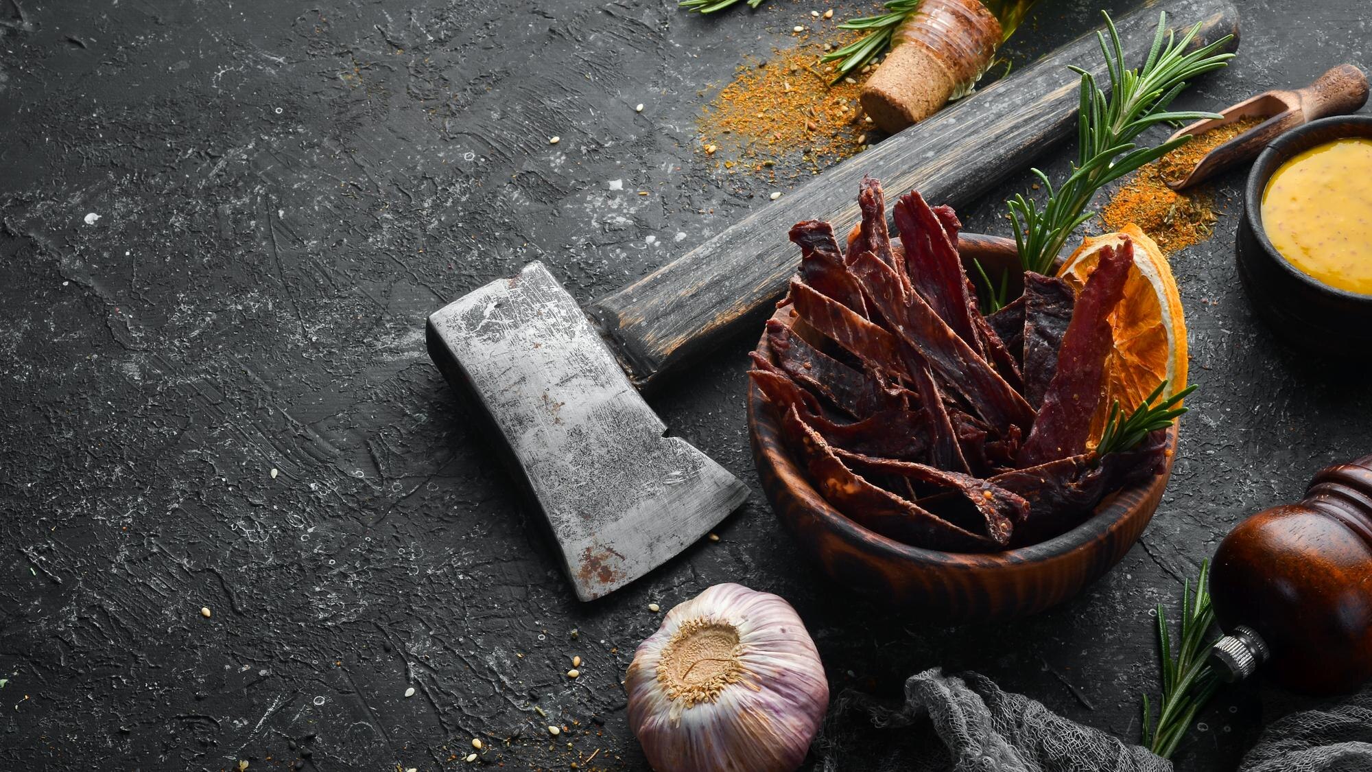 slices of beef jerky in a wooden bowl next to an ax on a dark background with spices